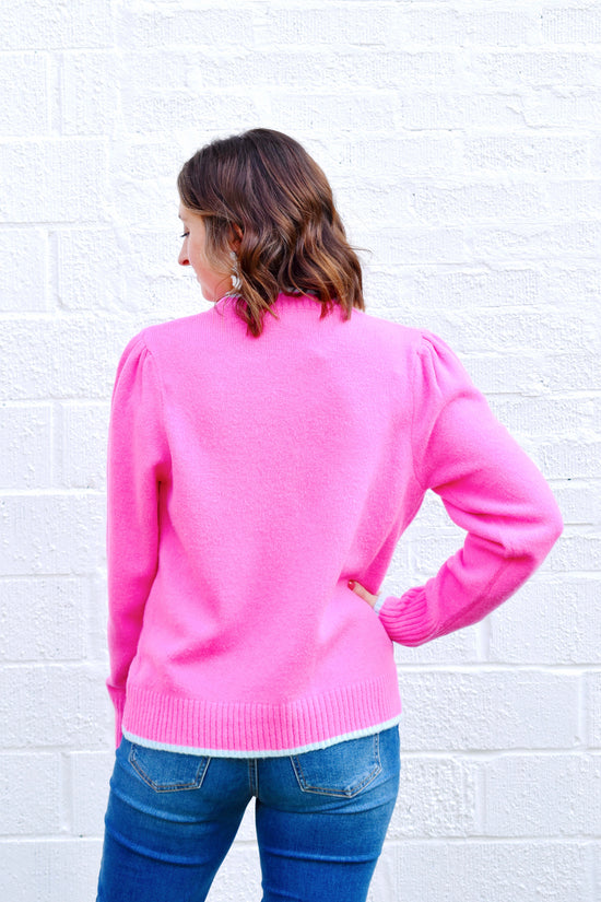 Pink Aqua Trim Button Down Sweater