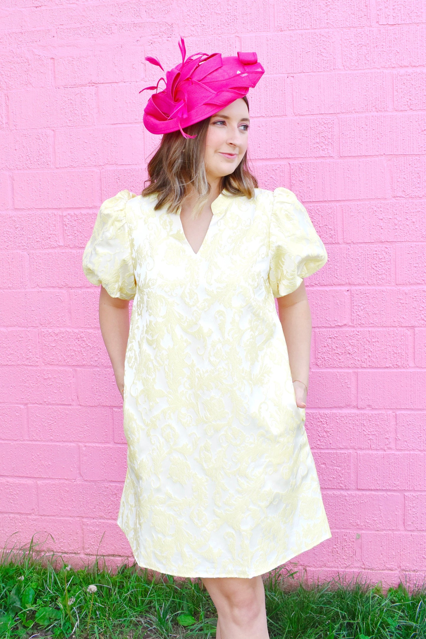 Yellow Jacquard Puff Sleeve Dress