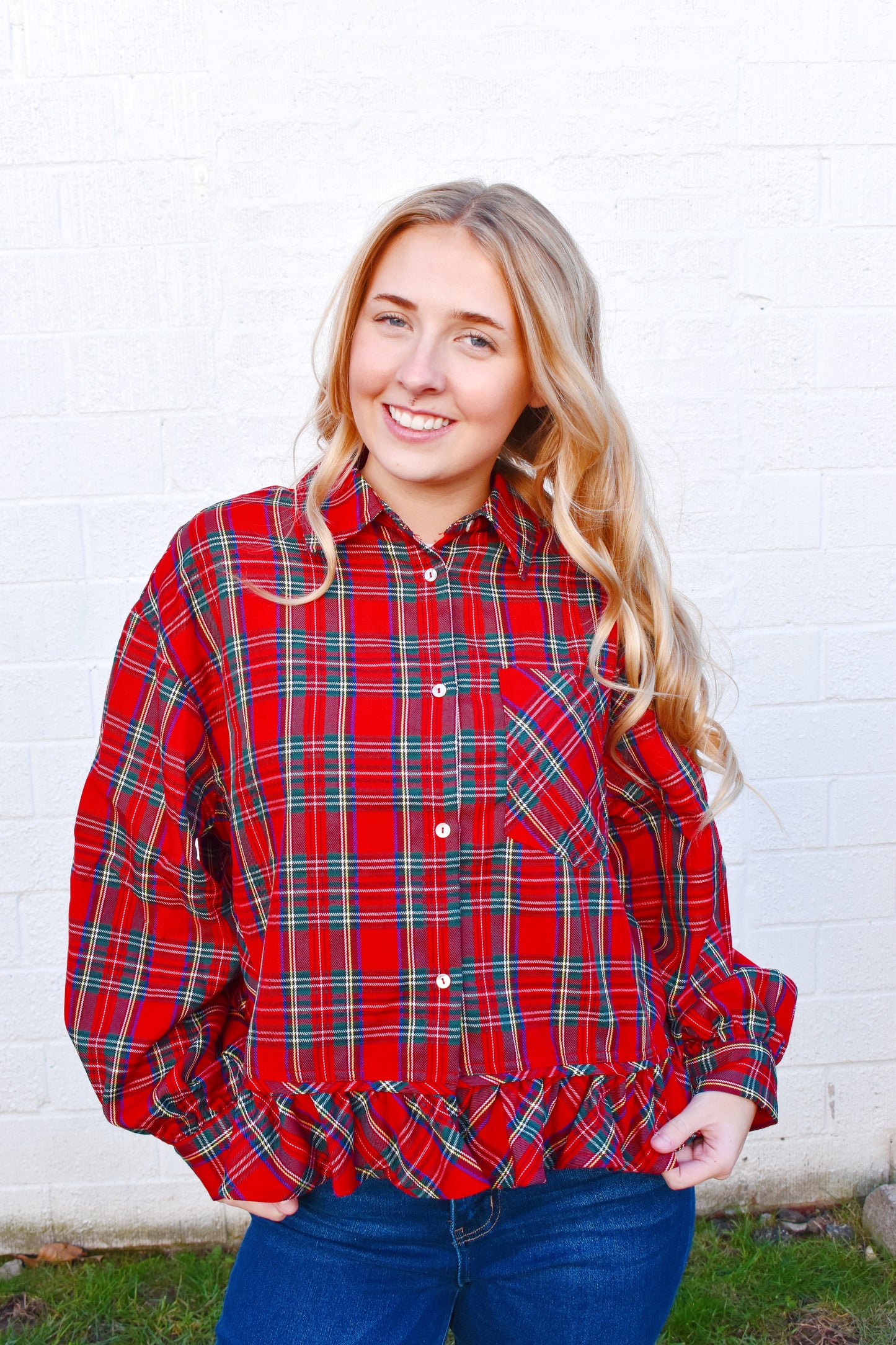 Tartan Ruffle Button Down Blouse