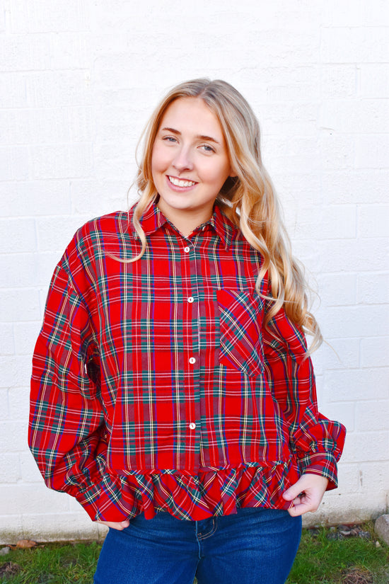 Tartan Ruffle Button Down Blouse