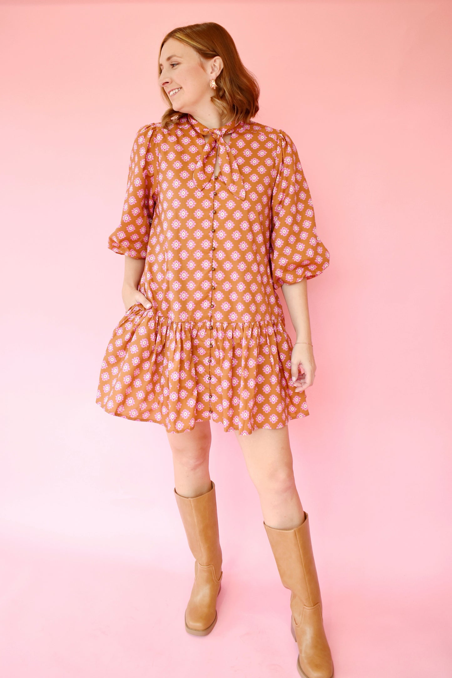 Camel Pink Floral Tie Neck Drop Waist Dress