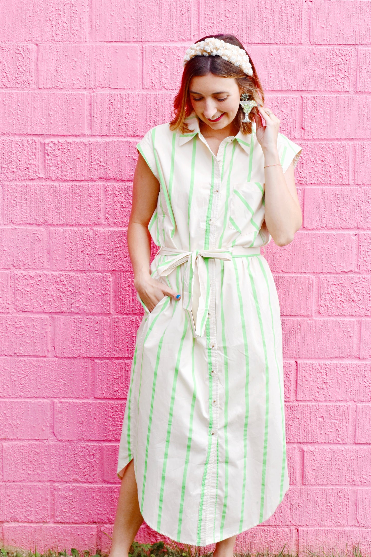 Lime Striped Midi Shirt Dress