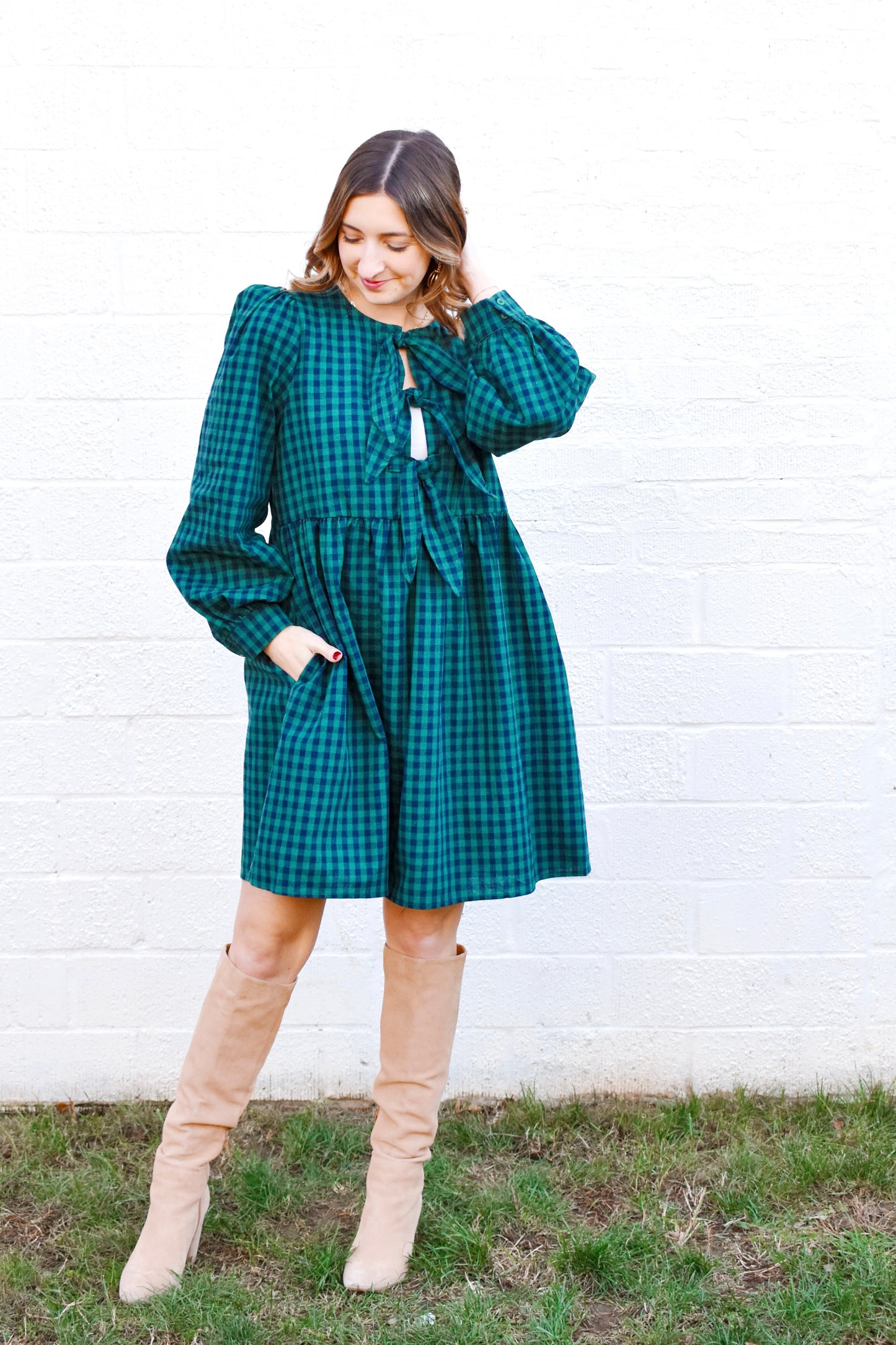 Green & Navy Checkered Tie Front Dress