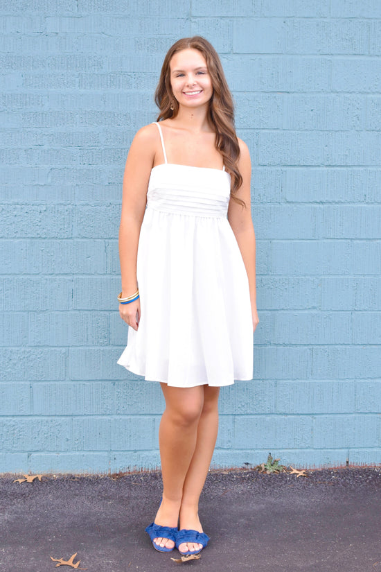 White Pleated Bodice Bow Back Dress