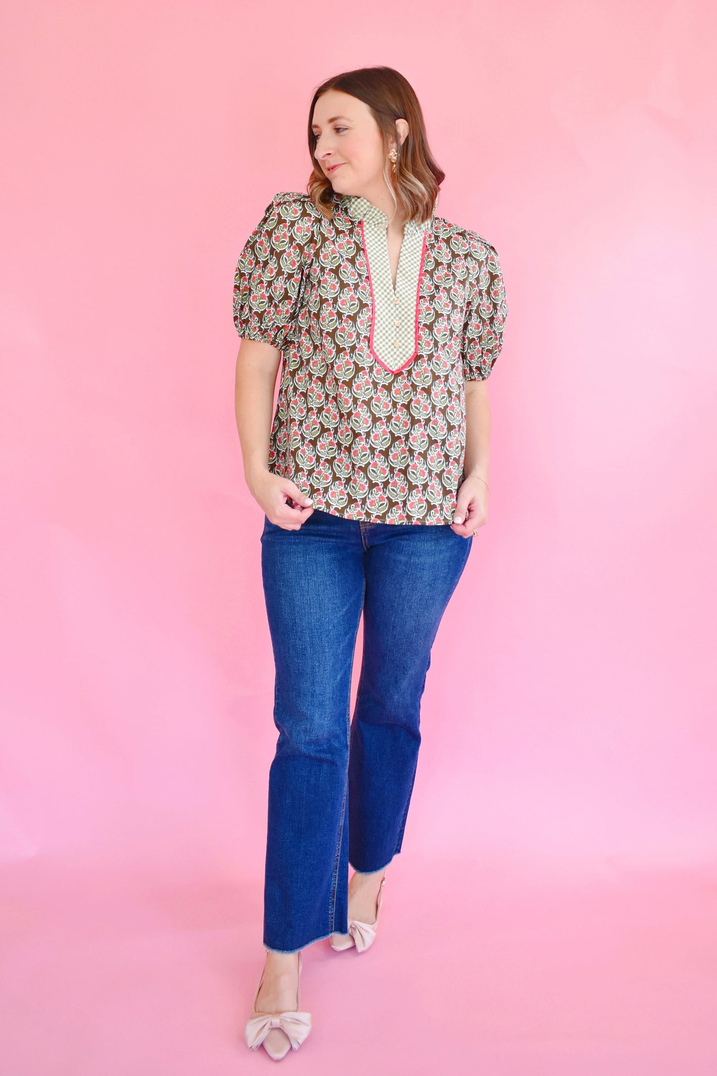 Brown & Pink Floral Green Gingham Contrast Blouse