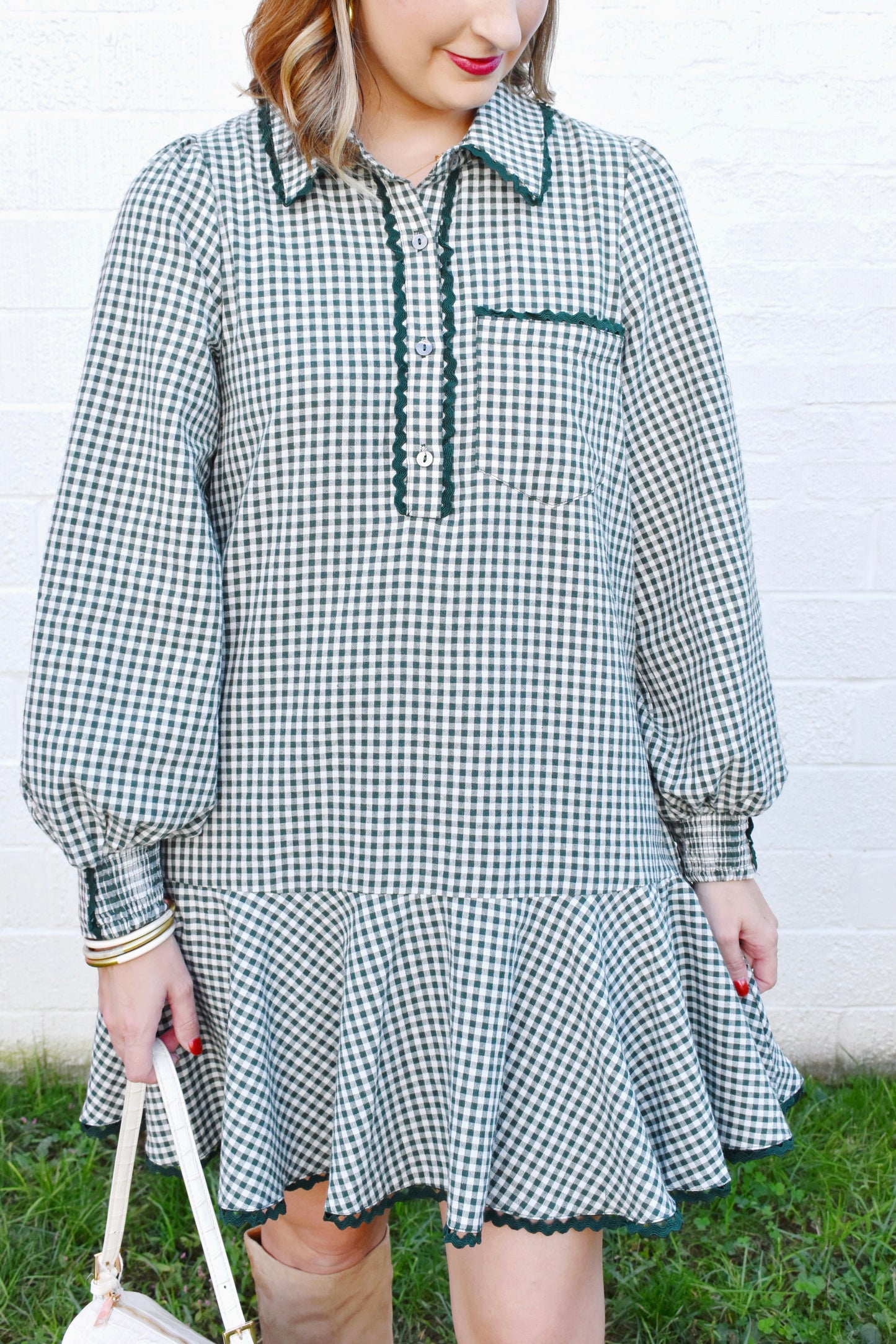 Forest Gingham Drop Waist Mini Dress