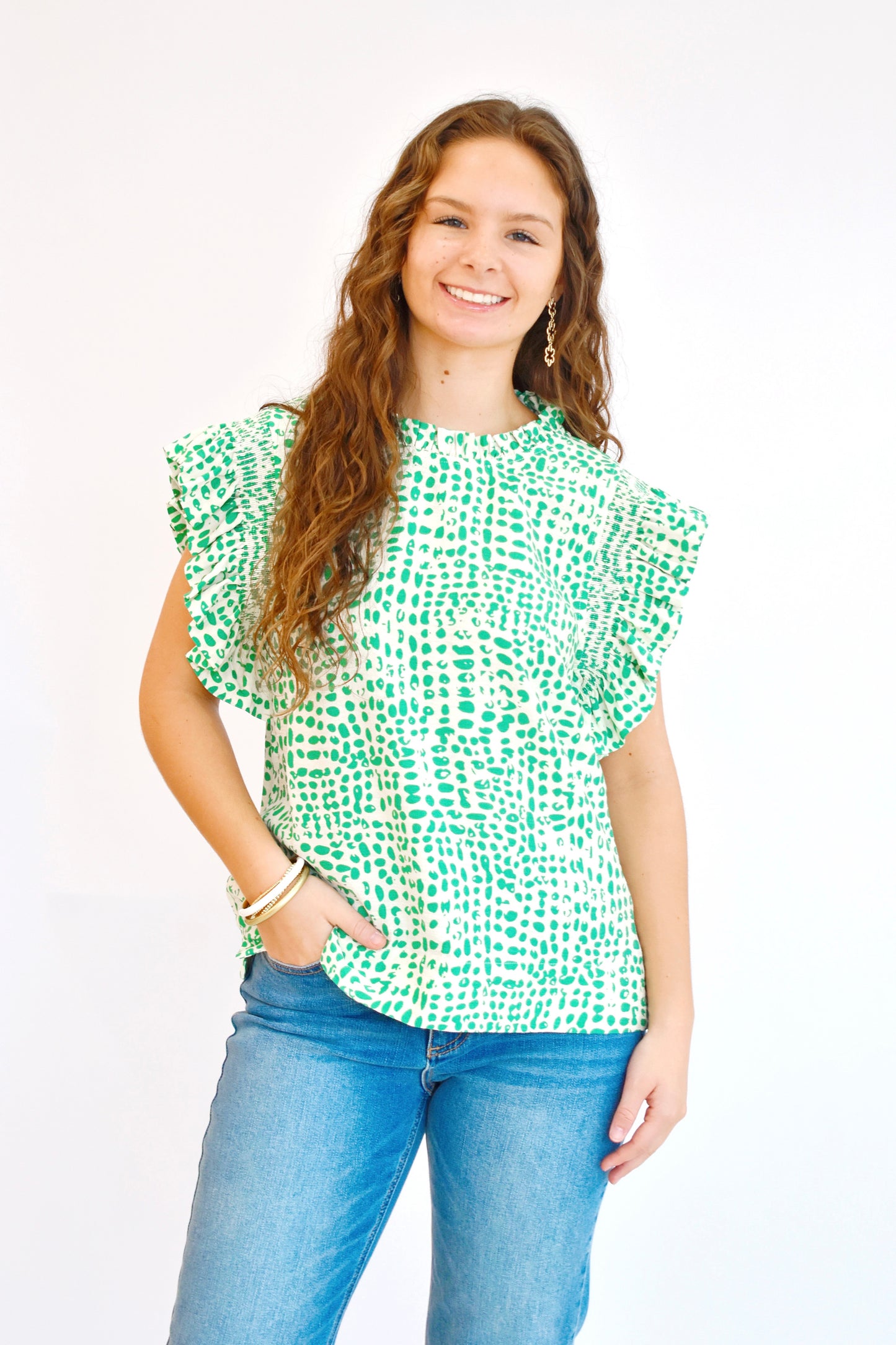 Green Spot Ruffle Cap Sleeve Blouse