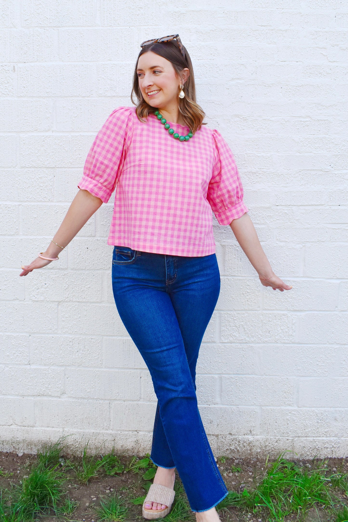 Pink Gingham Scallop Puff Sleeve Blouse