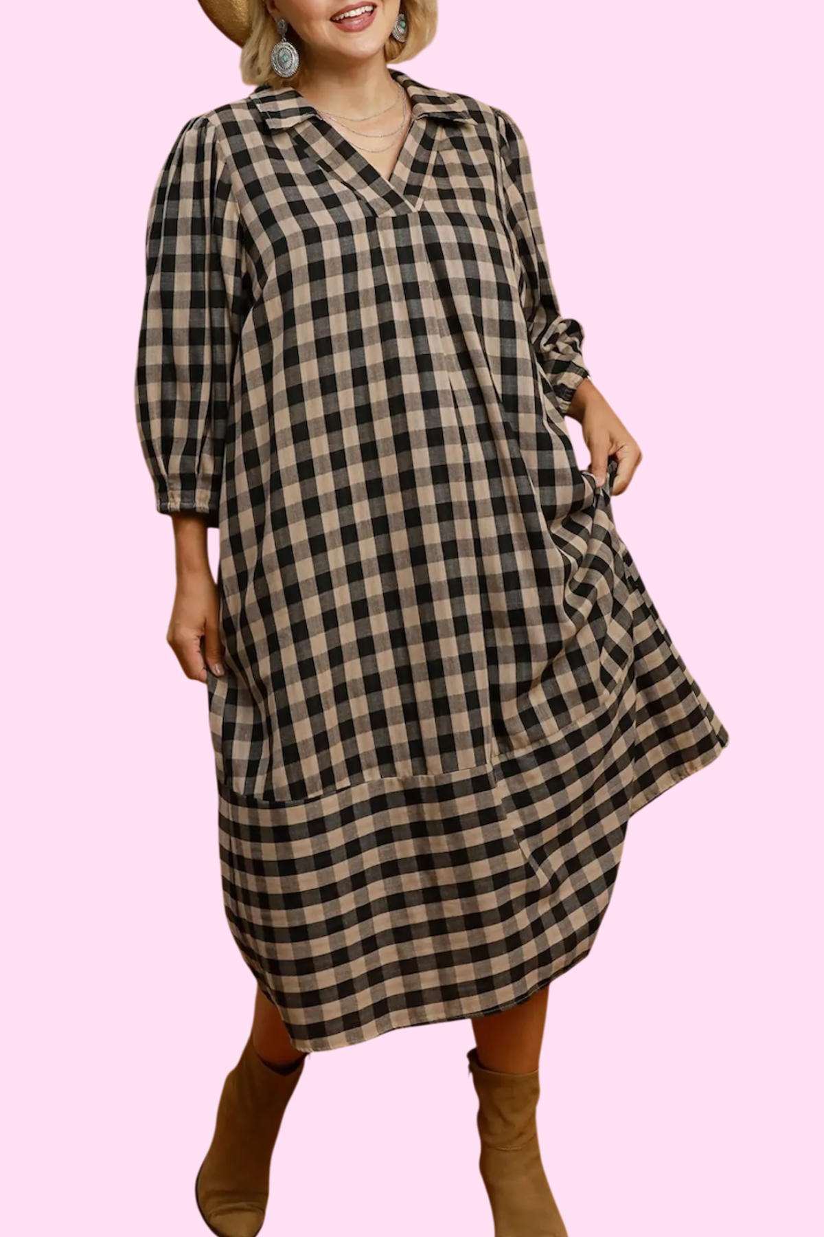 Plus Black Plaid Collared Midi Dress