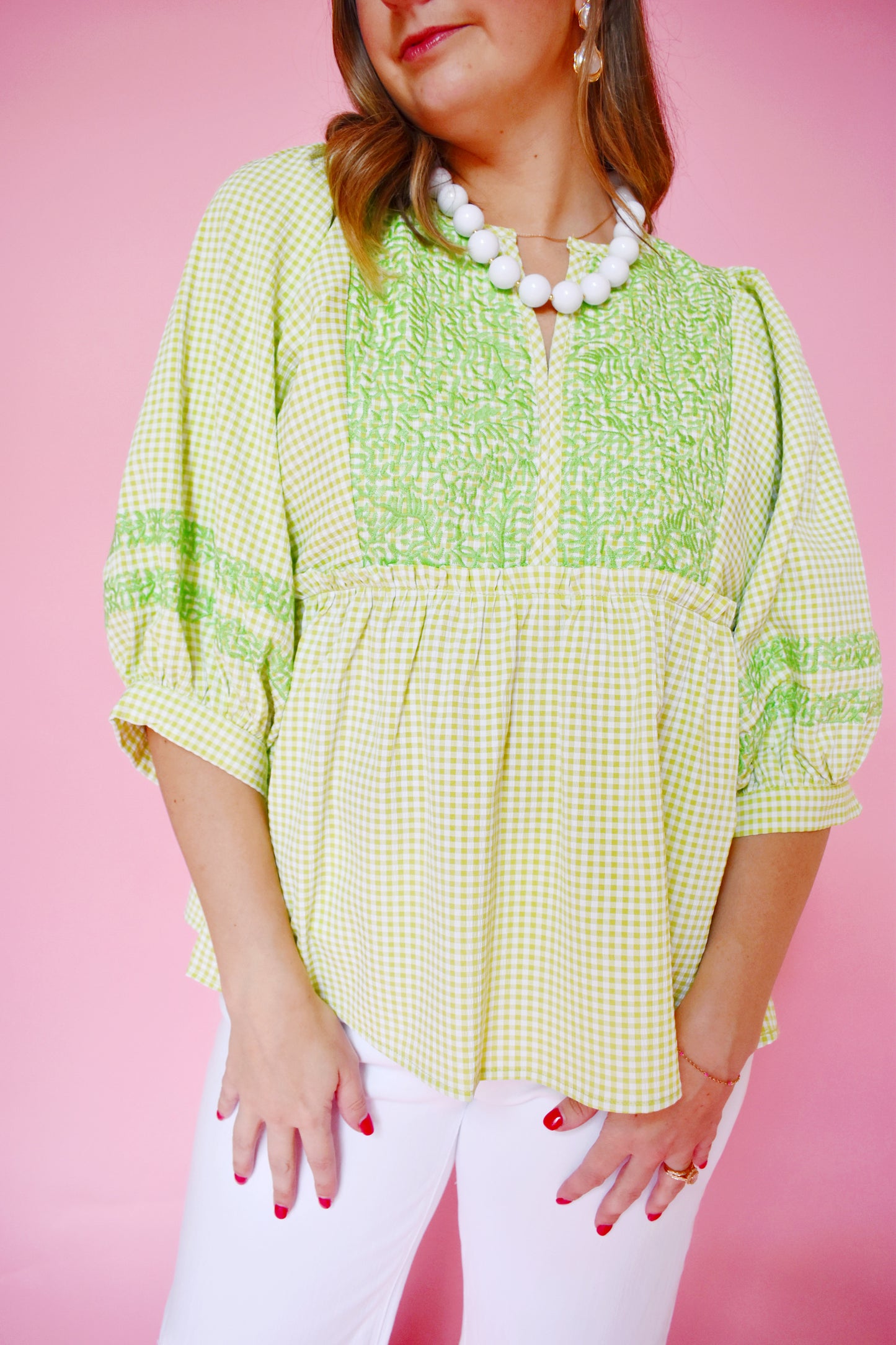 Lime Gingham Embroidered Babydoll Top
