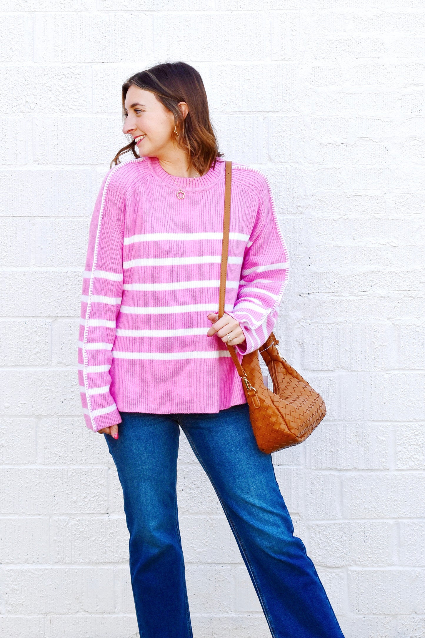 Pink Striped Stitch Trim Sweater