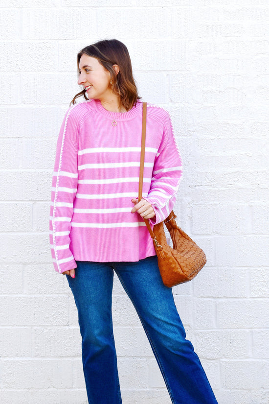 Pink Striped Stitch Trim Sweater