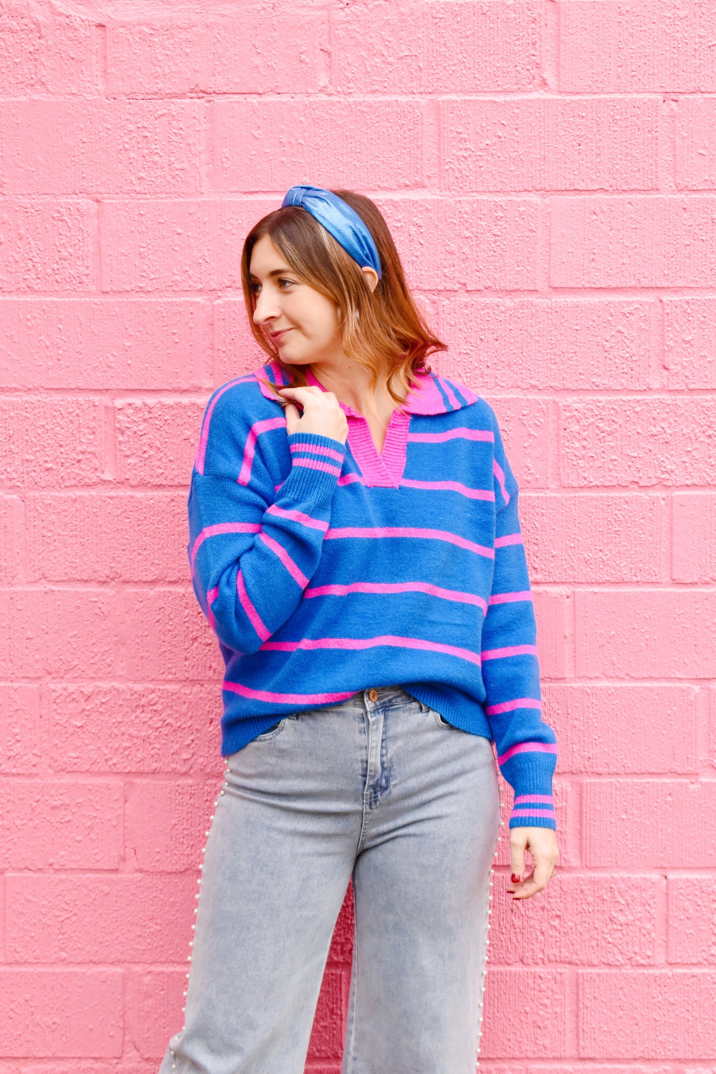 Blue & Pink Striped Collared Sweater