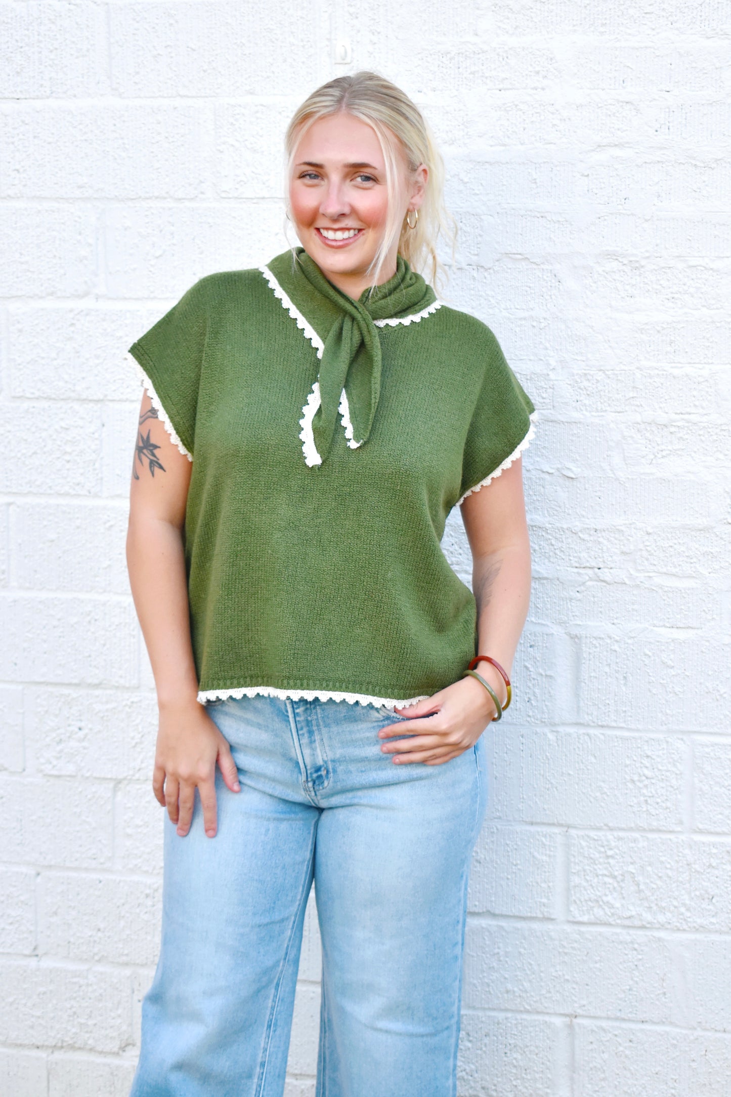 Olive Scarf Neck Short Sleeve Sweater