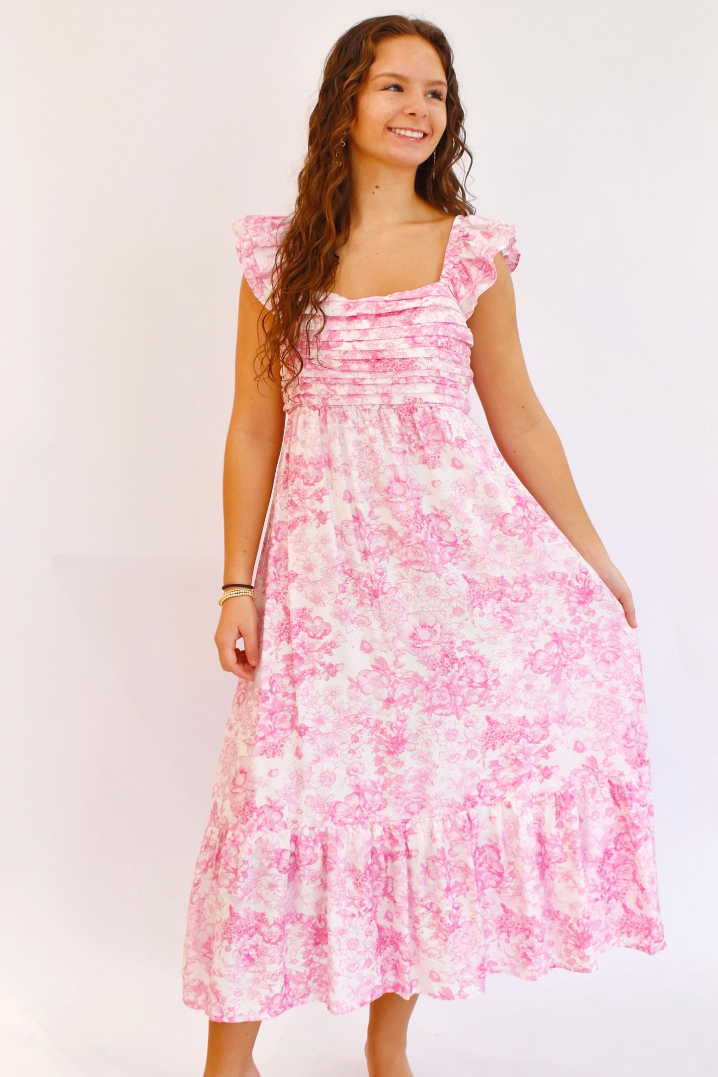 Pink Toile Flirty Ruffle Sleeve Midi Dress