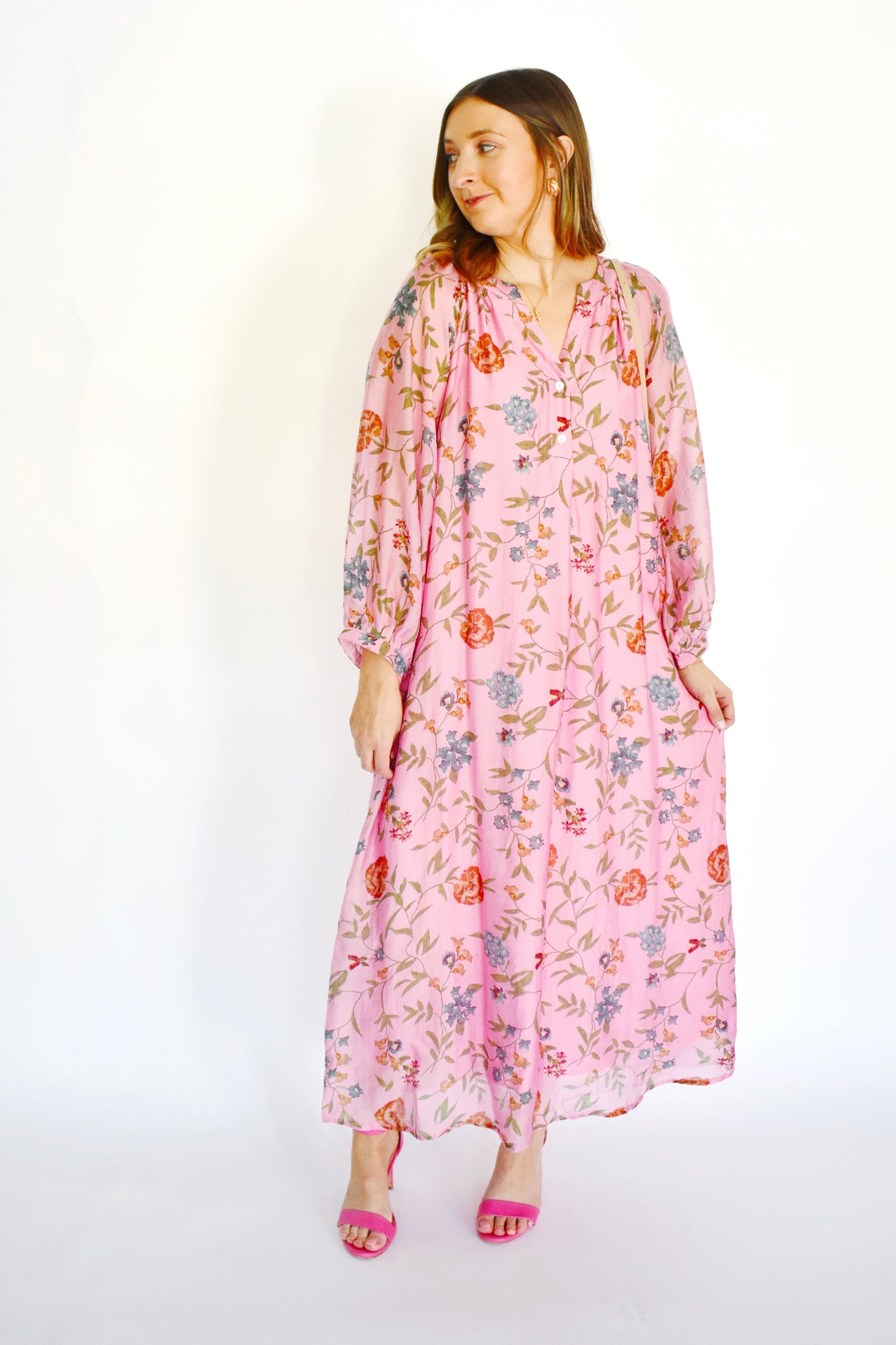 Flowy Soft Pink Floral Midi Dress