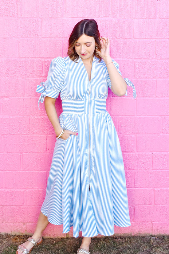 Blue Seersucker Stripe Zip Front Midi Dress