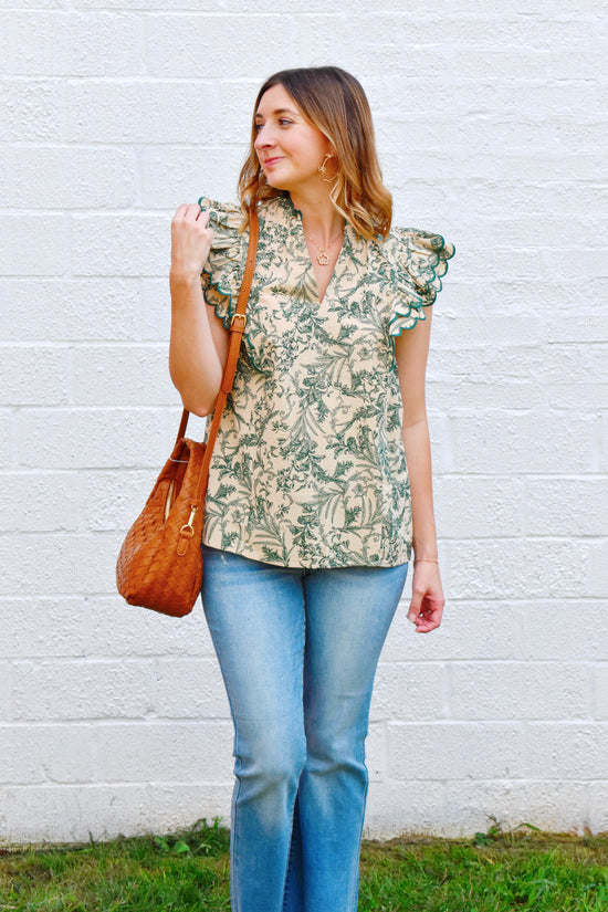 Hunter Green Toile Ruffle Blouse