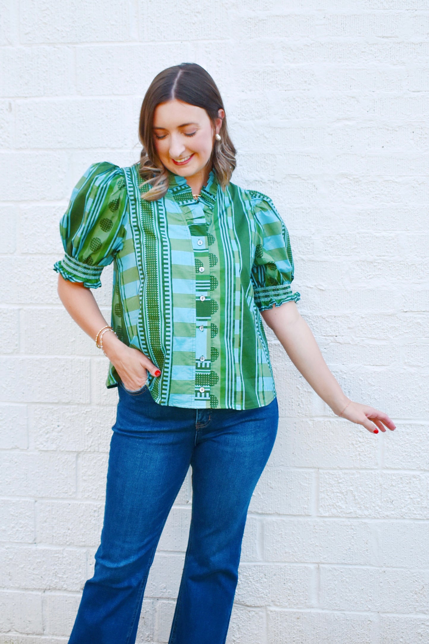 Olive Blue Mixed Print Button Up Blouse