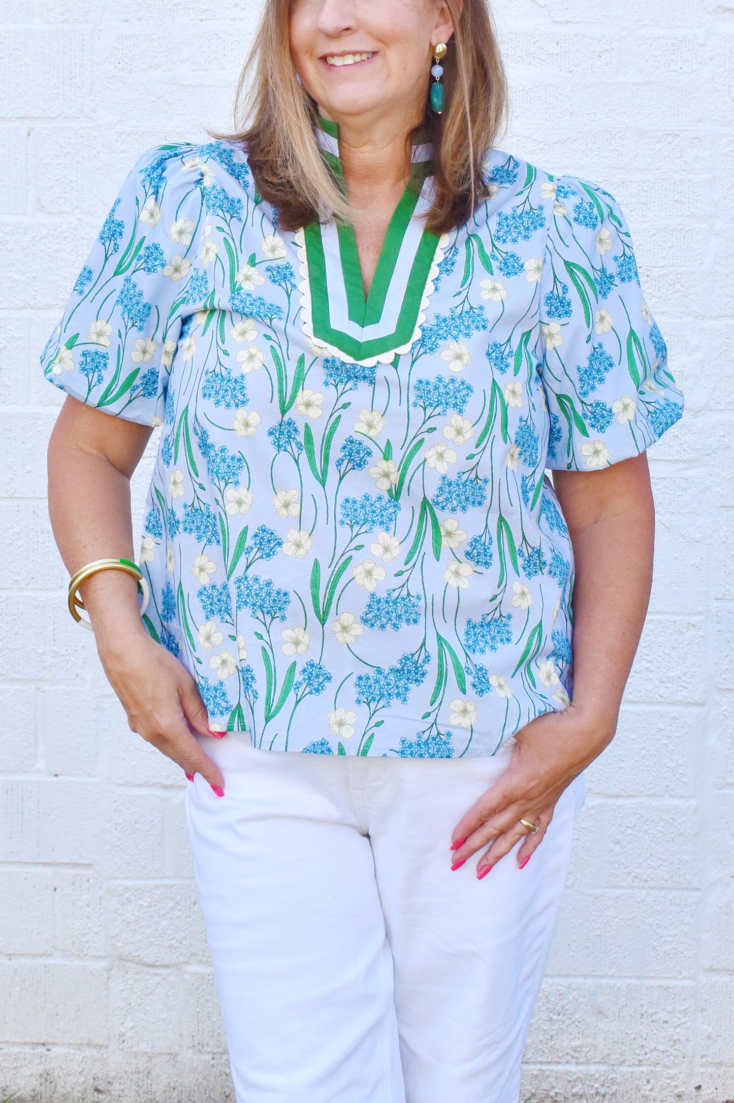 Blue Green Scallop Detail Floral Blouse