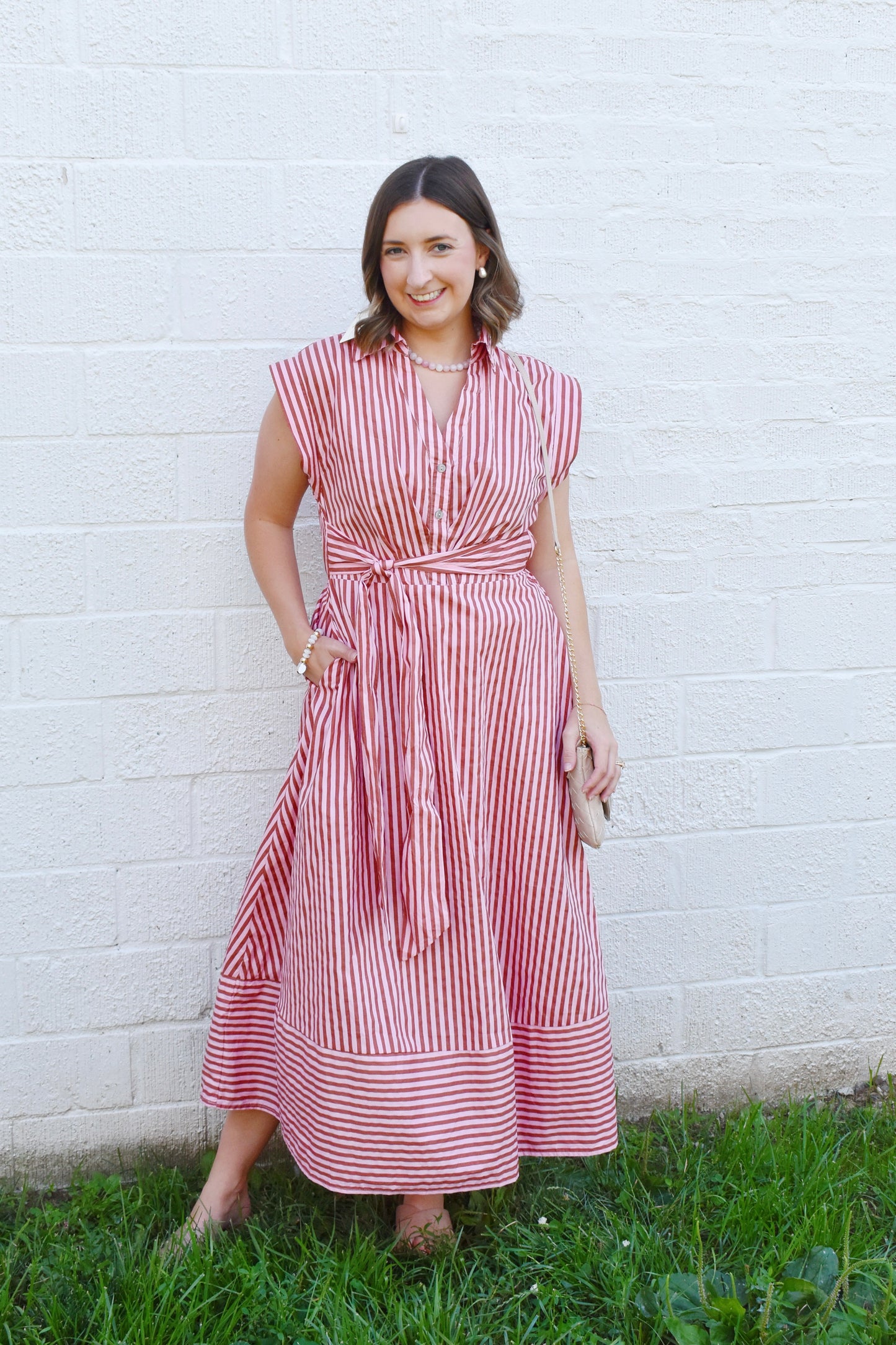 Pink & Camel Striped Collared Tie Waist Dress