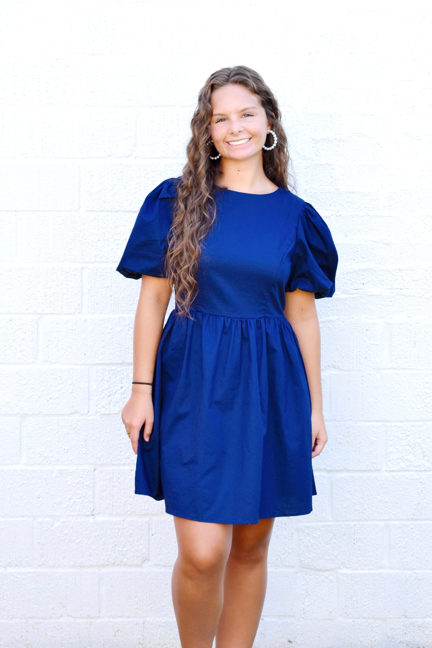 Navy Bubble Sleeve Dress White Bow Back