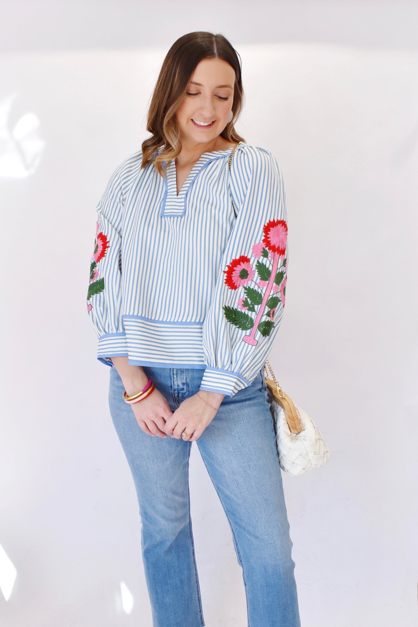 Blue Striped Pink Embroidered Floral Blouse