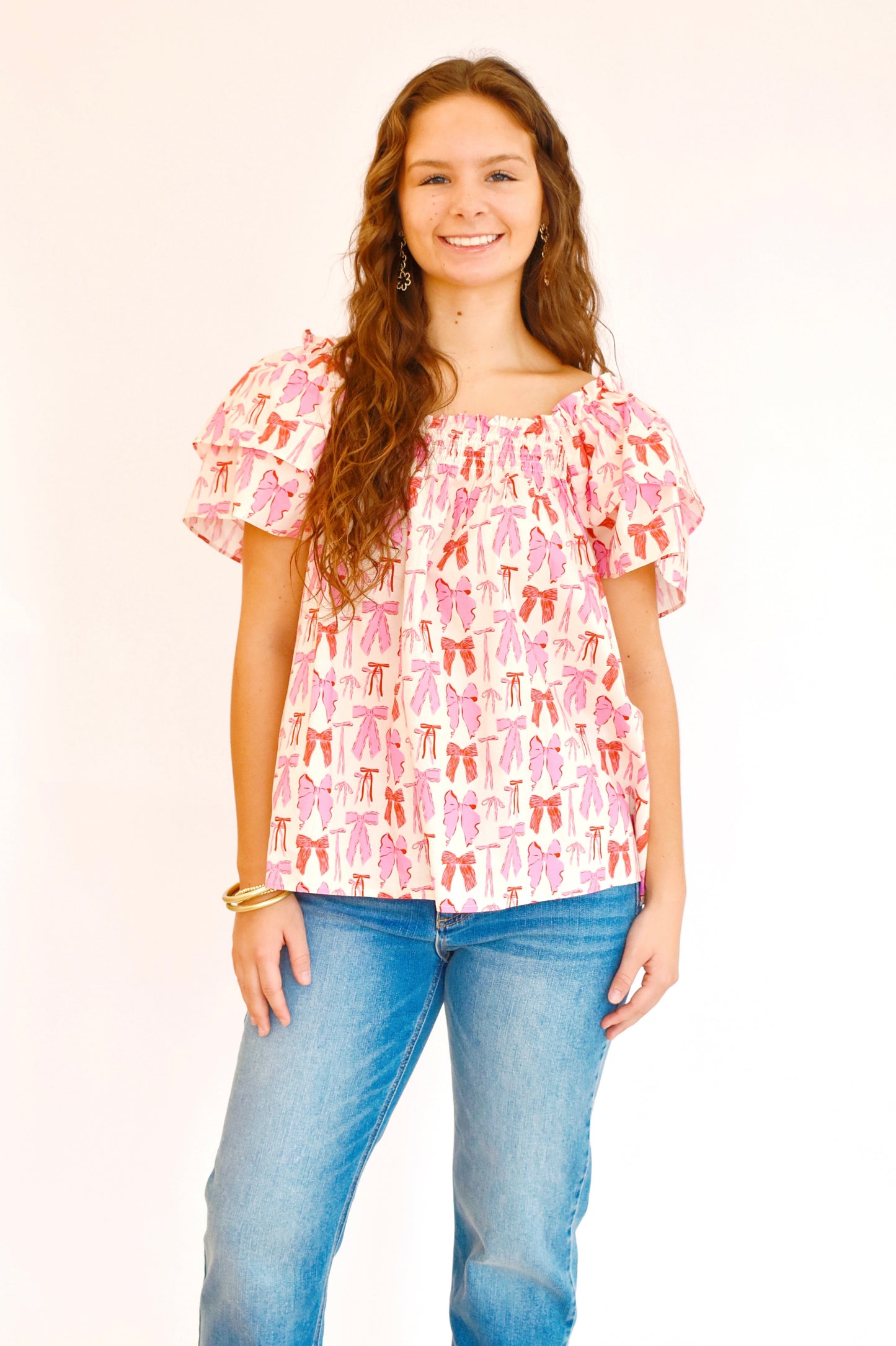 Pink Bow Printed Ruffle Blouse