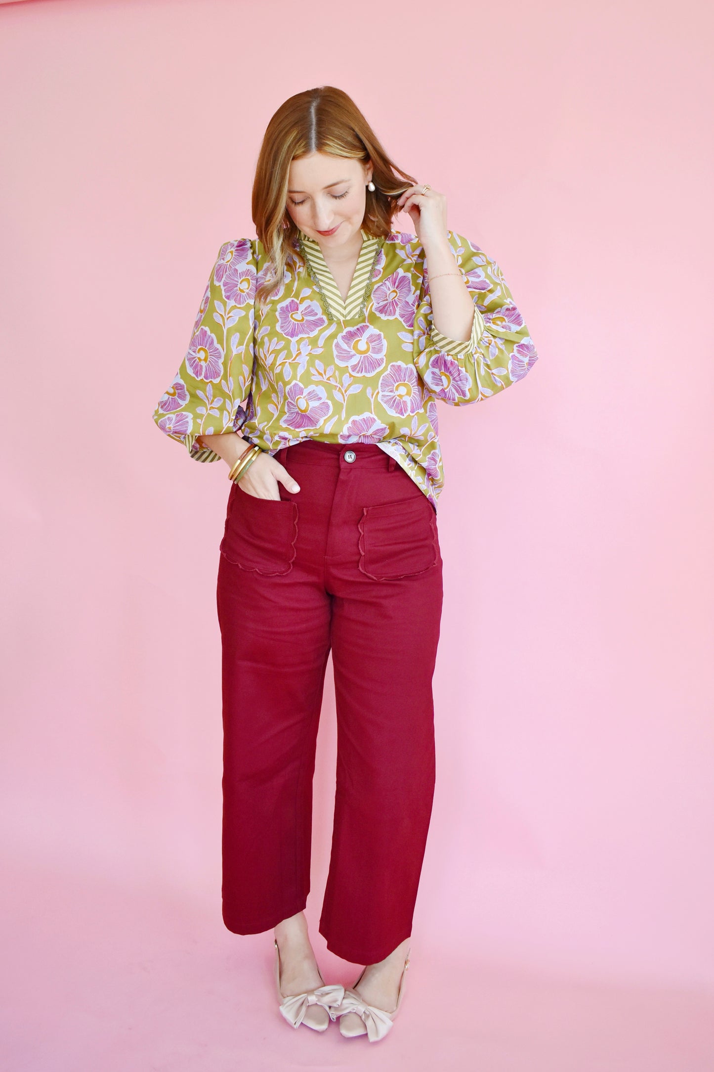 Olive Green & Lilac Floral Scallop Collar Blouse