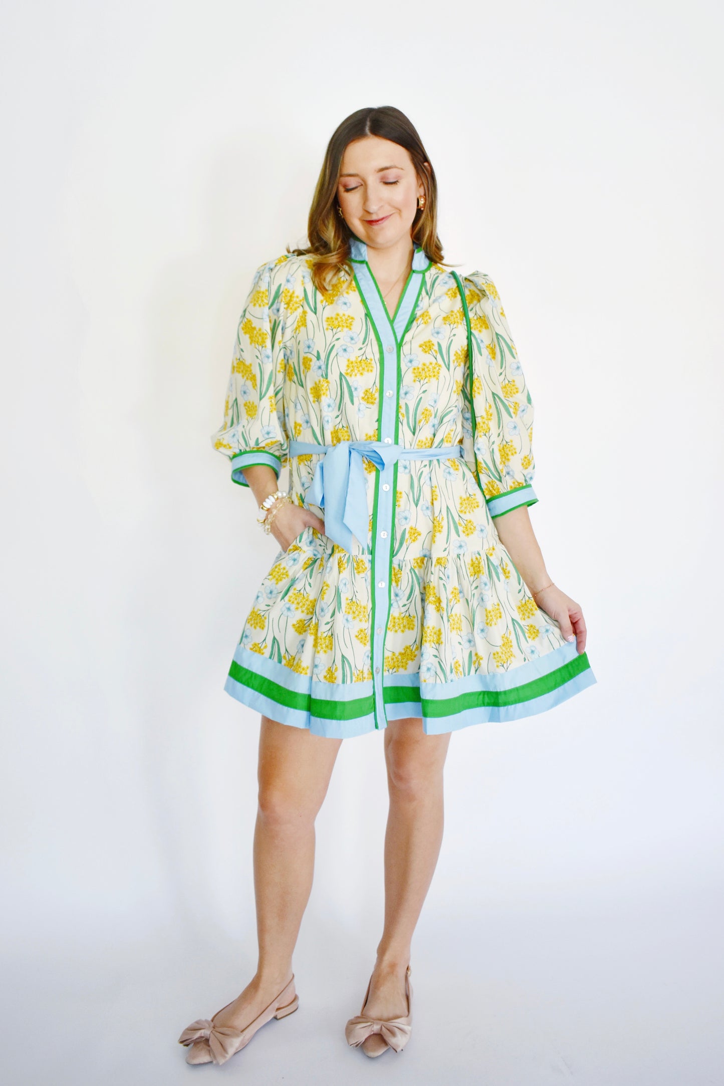 Lemon Floral Blue Green Contrast Tie Waist Dress