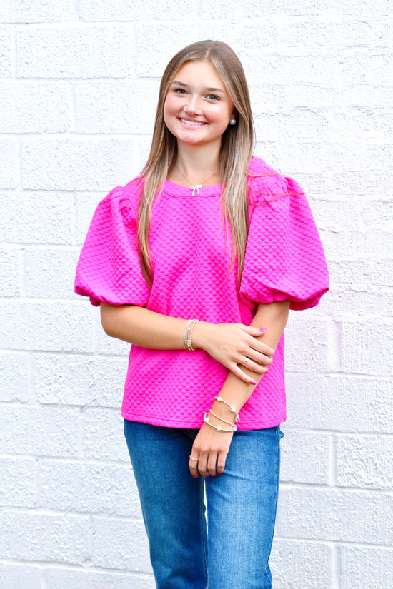 Hot Pink Textured Balloon Sleeve Top