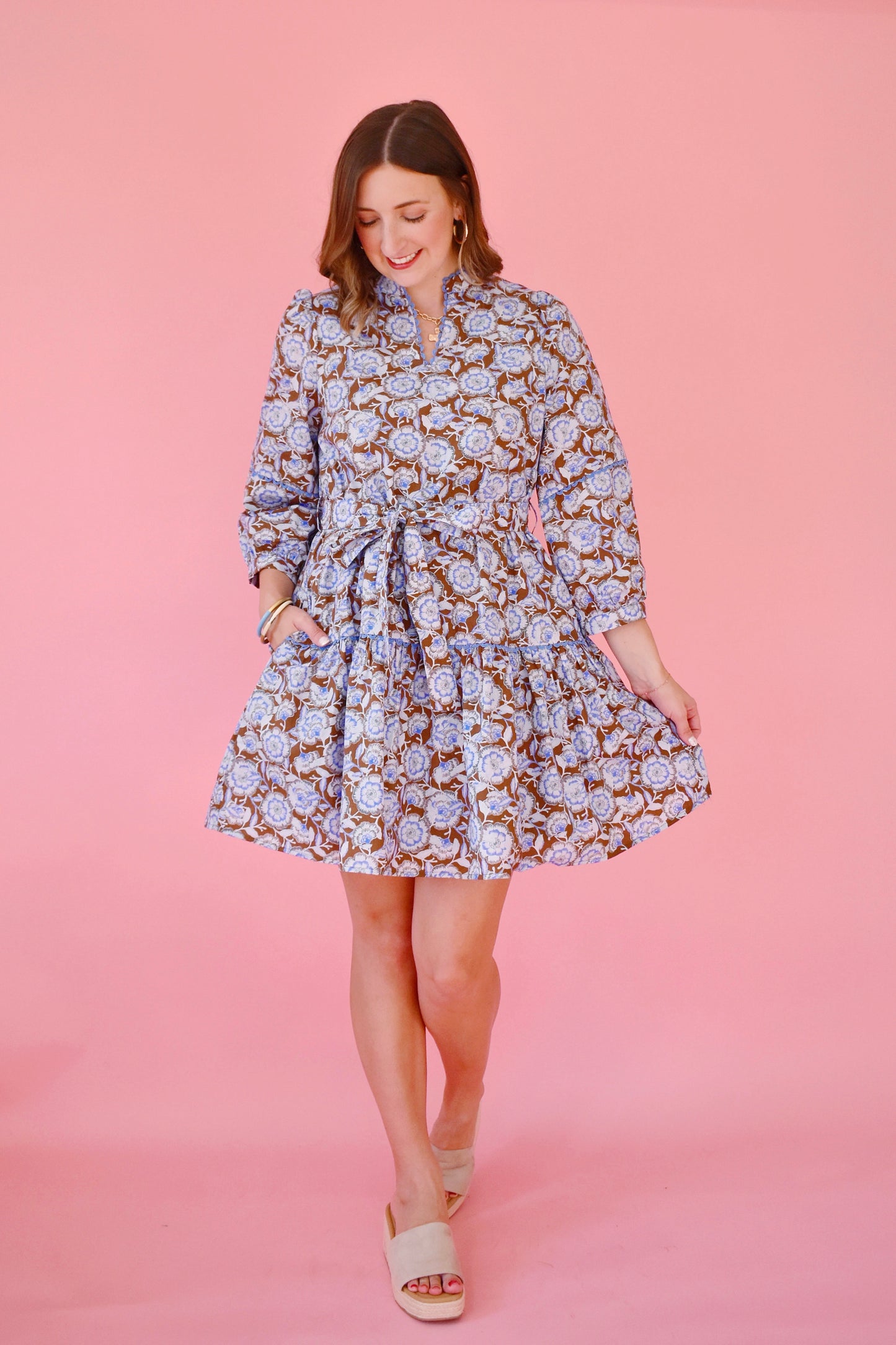 Brown Blue Floral Tie Belt Dress