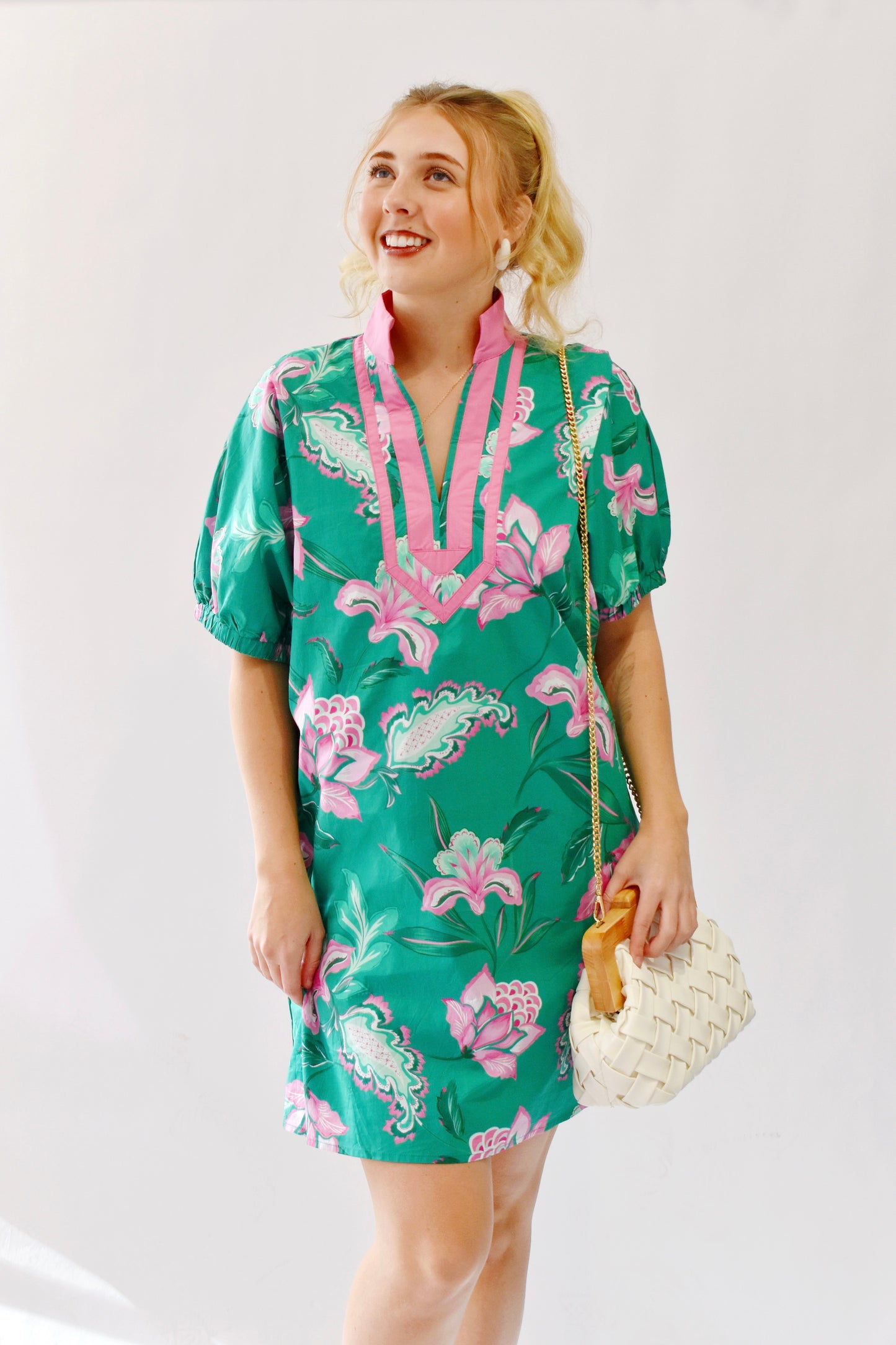 Green Pink Contrast Floral Mini Dress