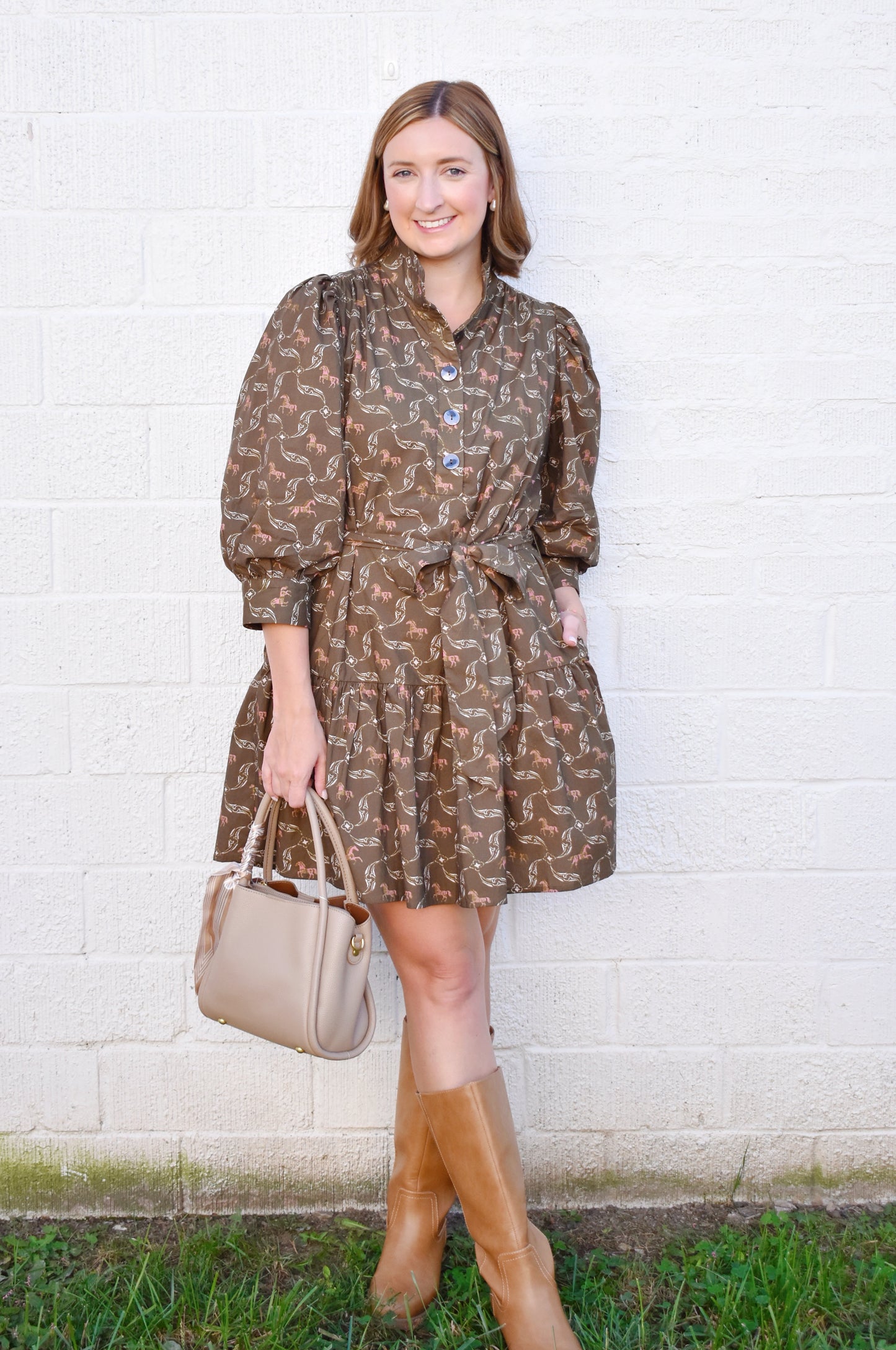 Olive Horse Printed Belted Dress