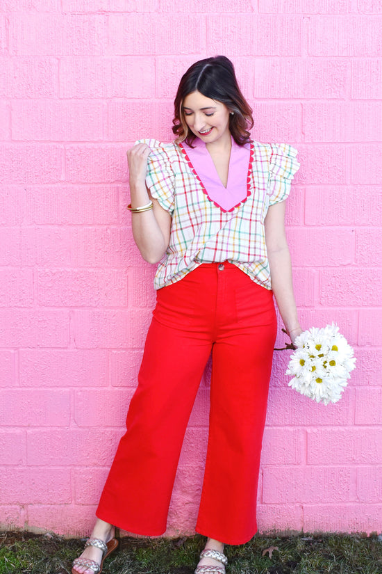 Colorful Plaid Red Scallop Trim Ruffle Blouse