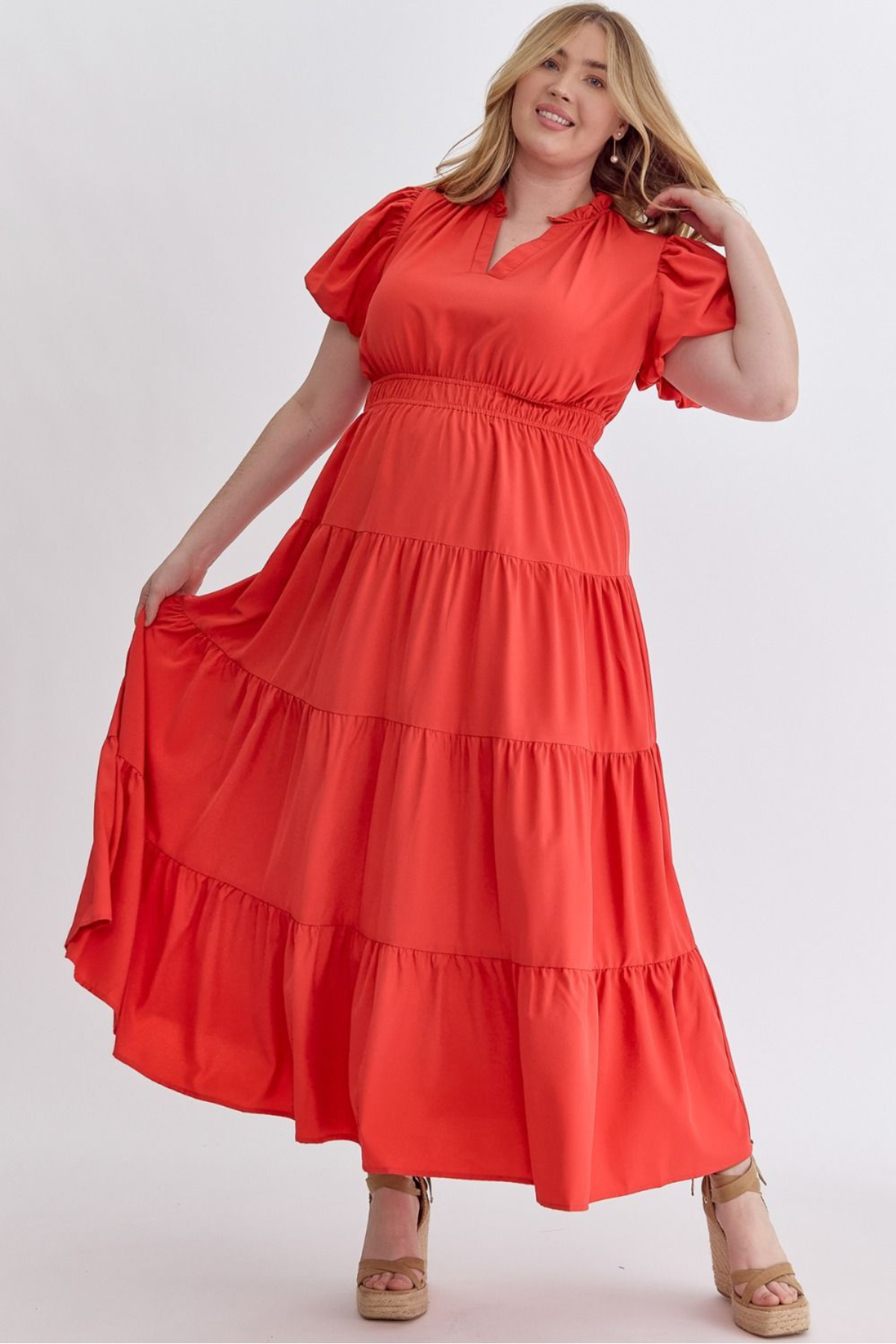 Plus Lady In Red Puff Sleeve Midi Dress