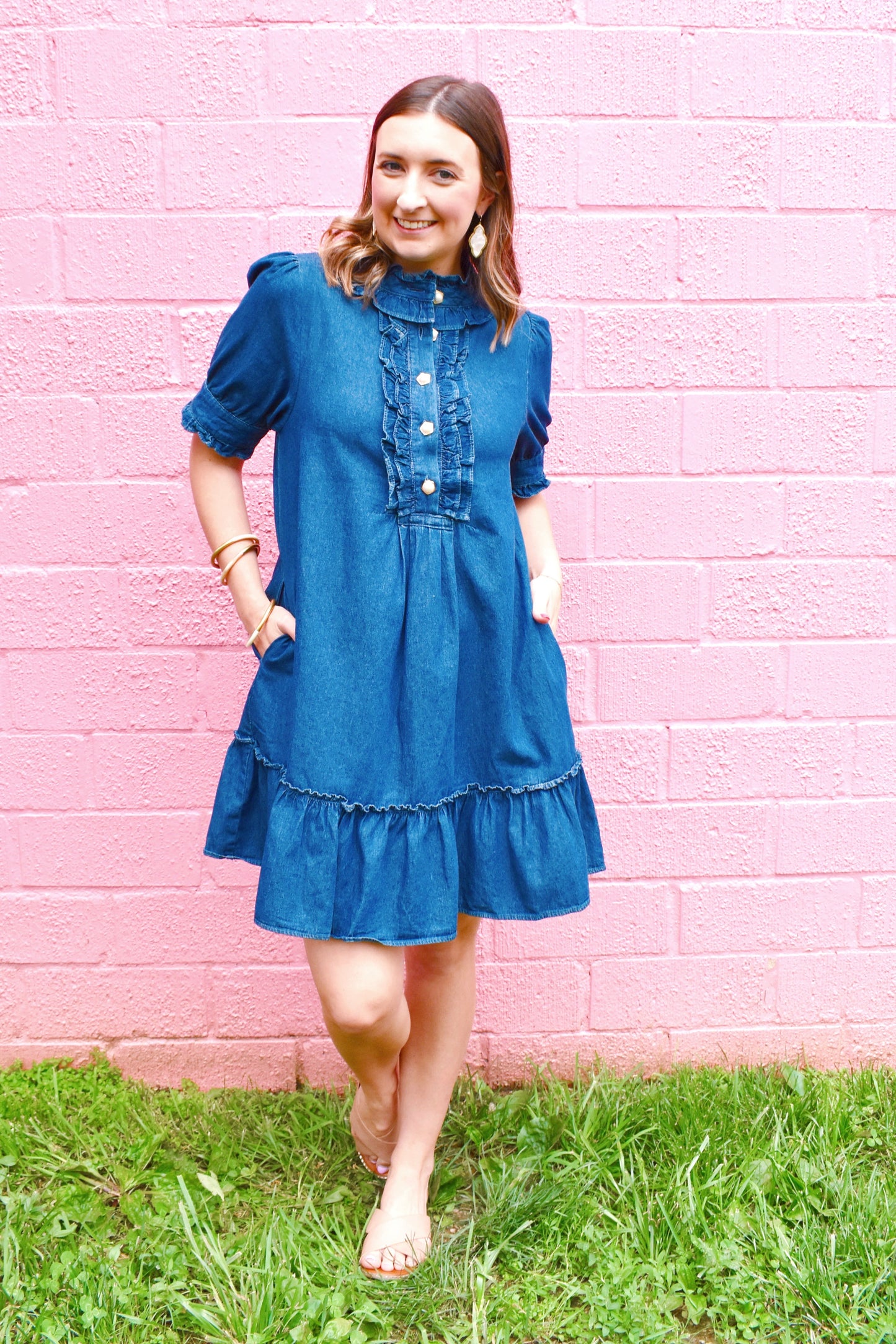 Denim Ruffle Collar Pearl Button Dress