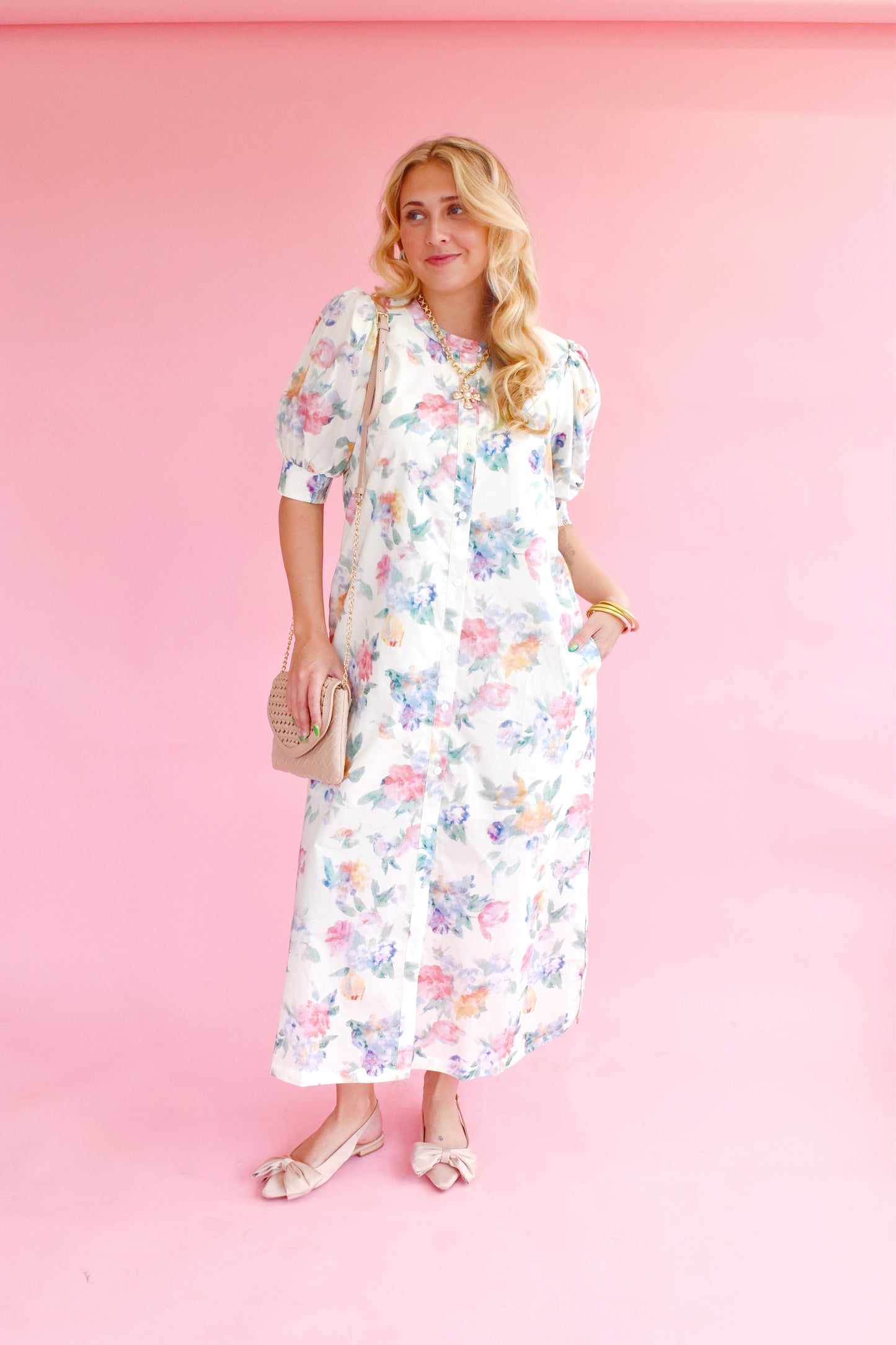 Cream Soft Watercolor Button Down Floral Midi Dress