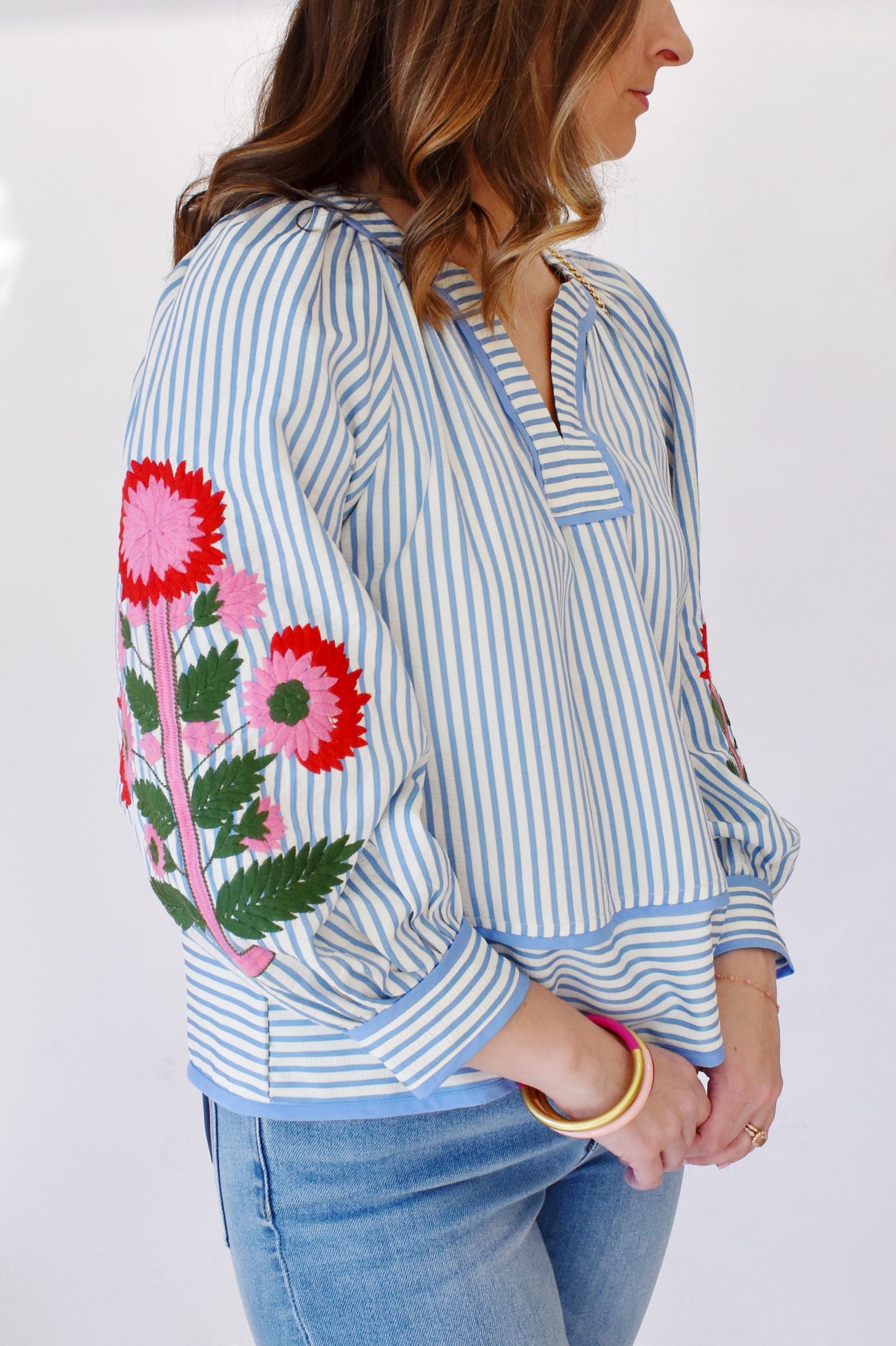 Blue Striped Pink Embroidered Floral Blouse