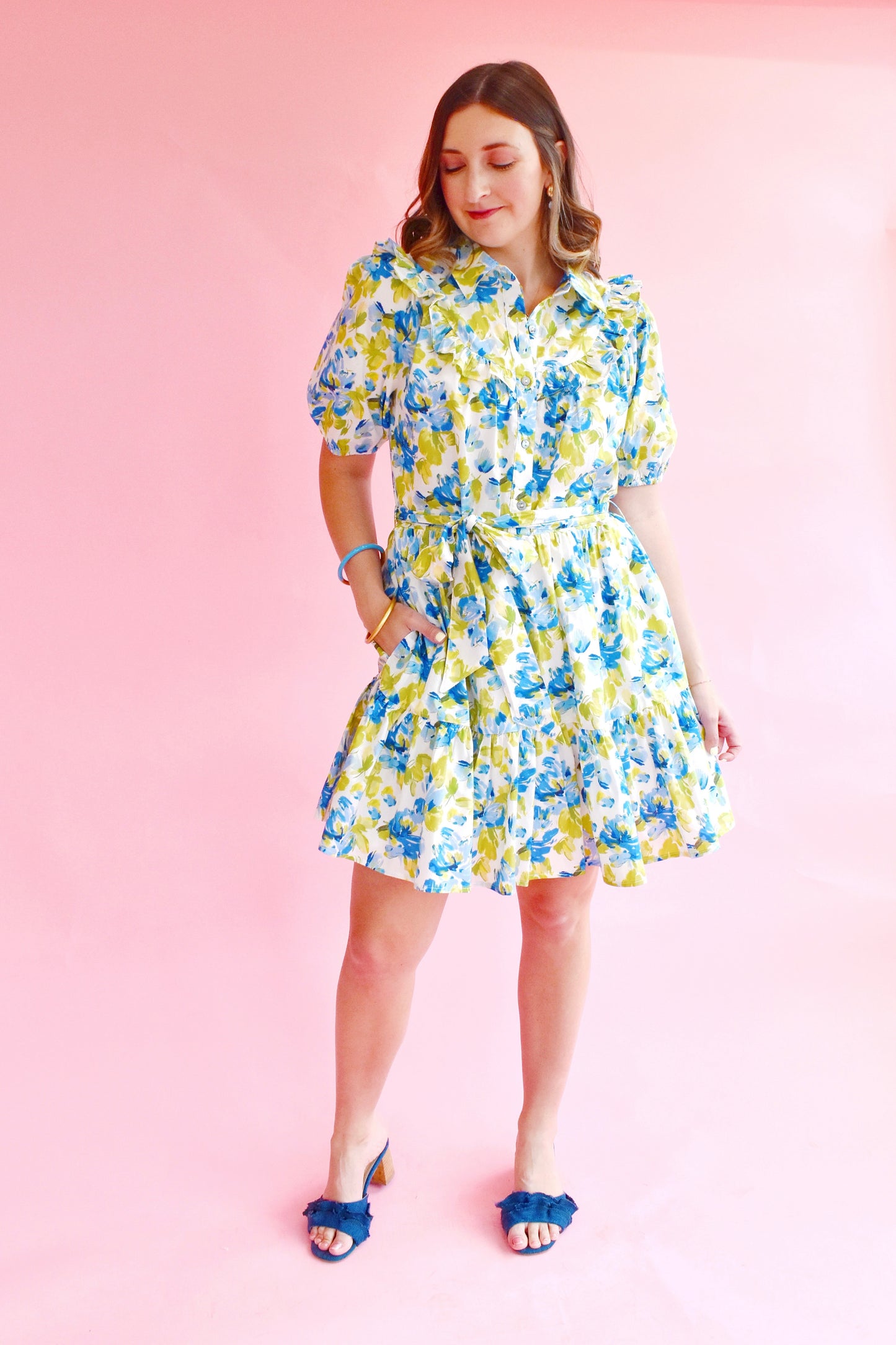 Blue Green Watercolor Floral Tie Waist Dress