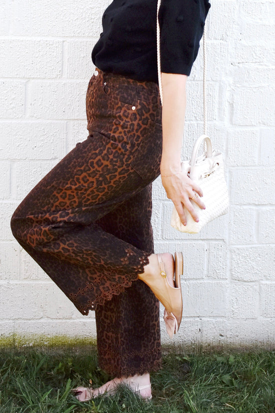 Leopard Eyelet Hem Wide Leg Jeans
