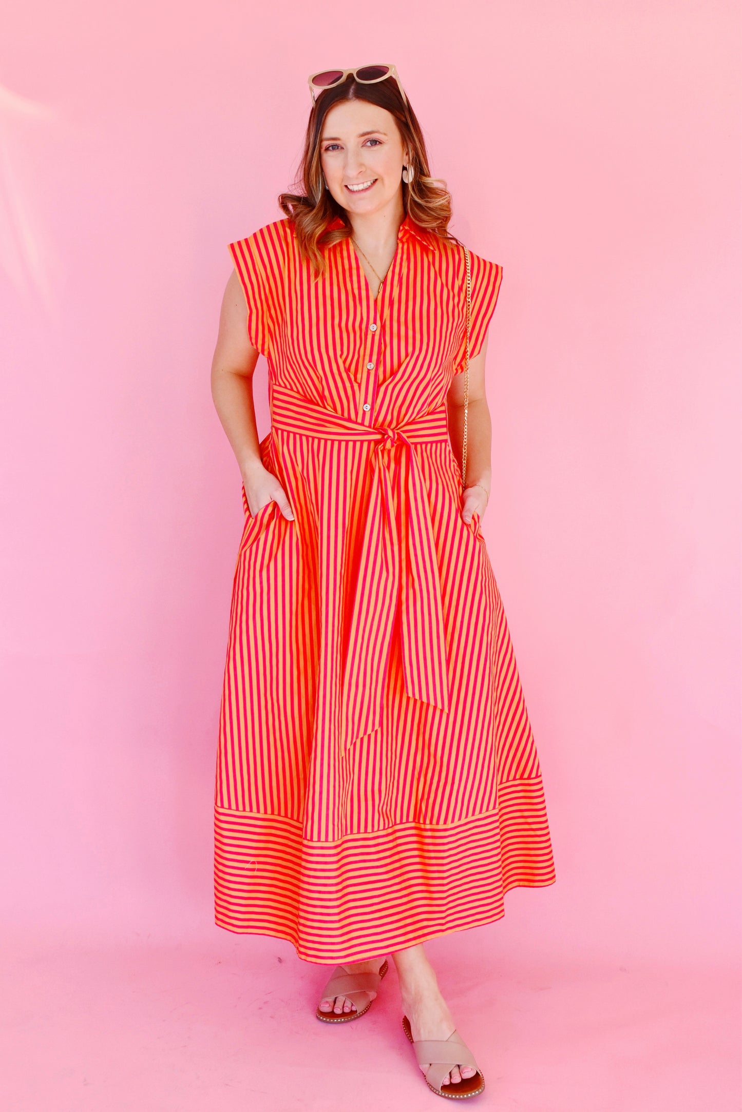 Orange & Hot Pink Striped Collared Tie Waist Dress