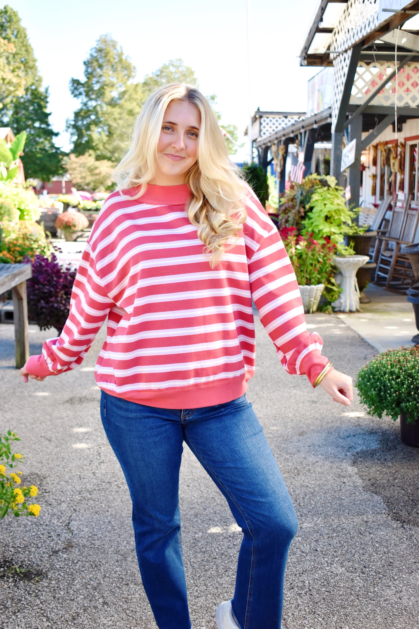 Red Pink Stripe Mock Neck Lightweight Sweatshirt