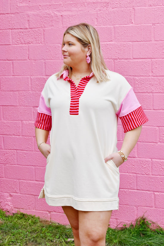 Collared Pink & Red Striped Detail Dress