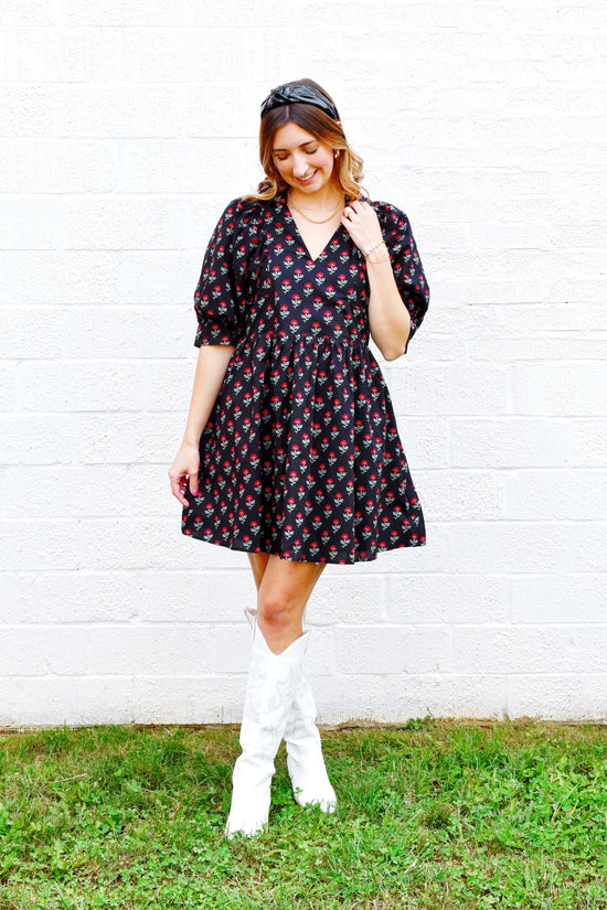 Black Red Floral Collared Dress