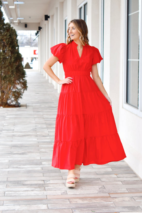 Load image into Gallery viewer, Lady In Red Puff Sleeve Midi Dress
