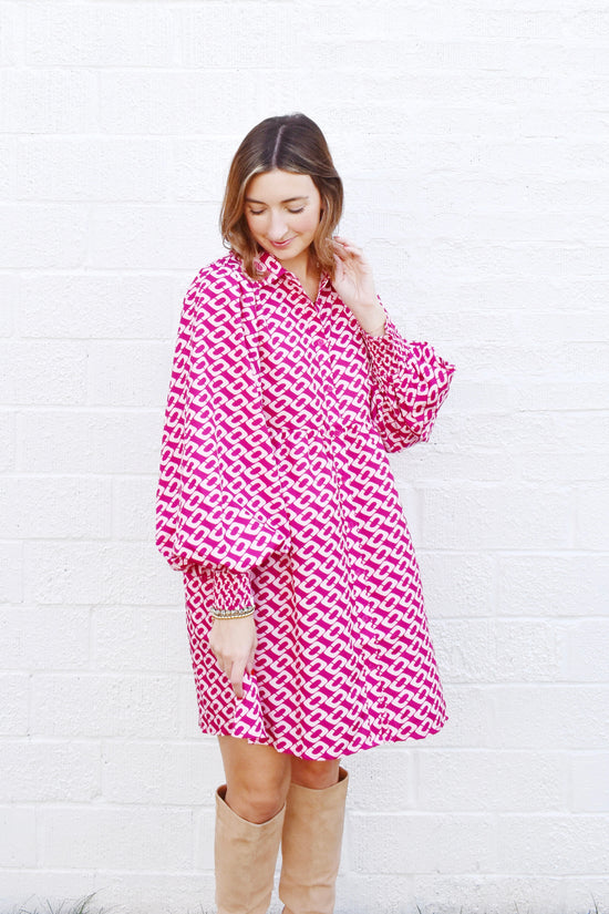 Magenta Geometric Print Babydoll Dress