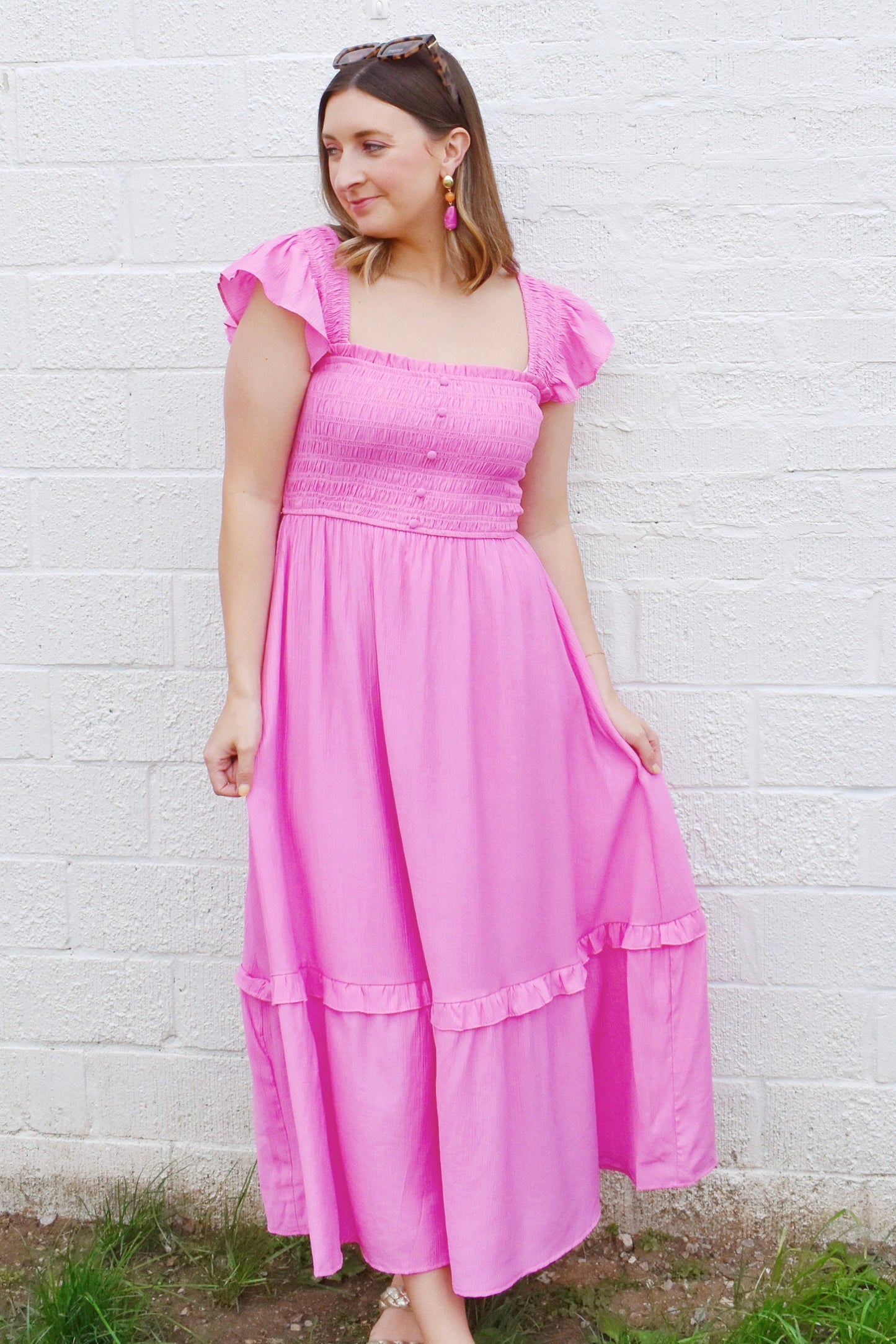 Bubblegum Smocked Button Detail Midi Dress