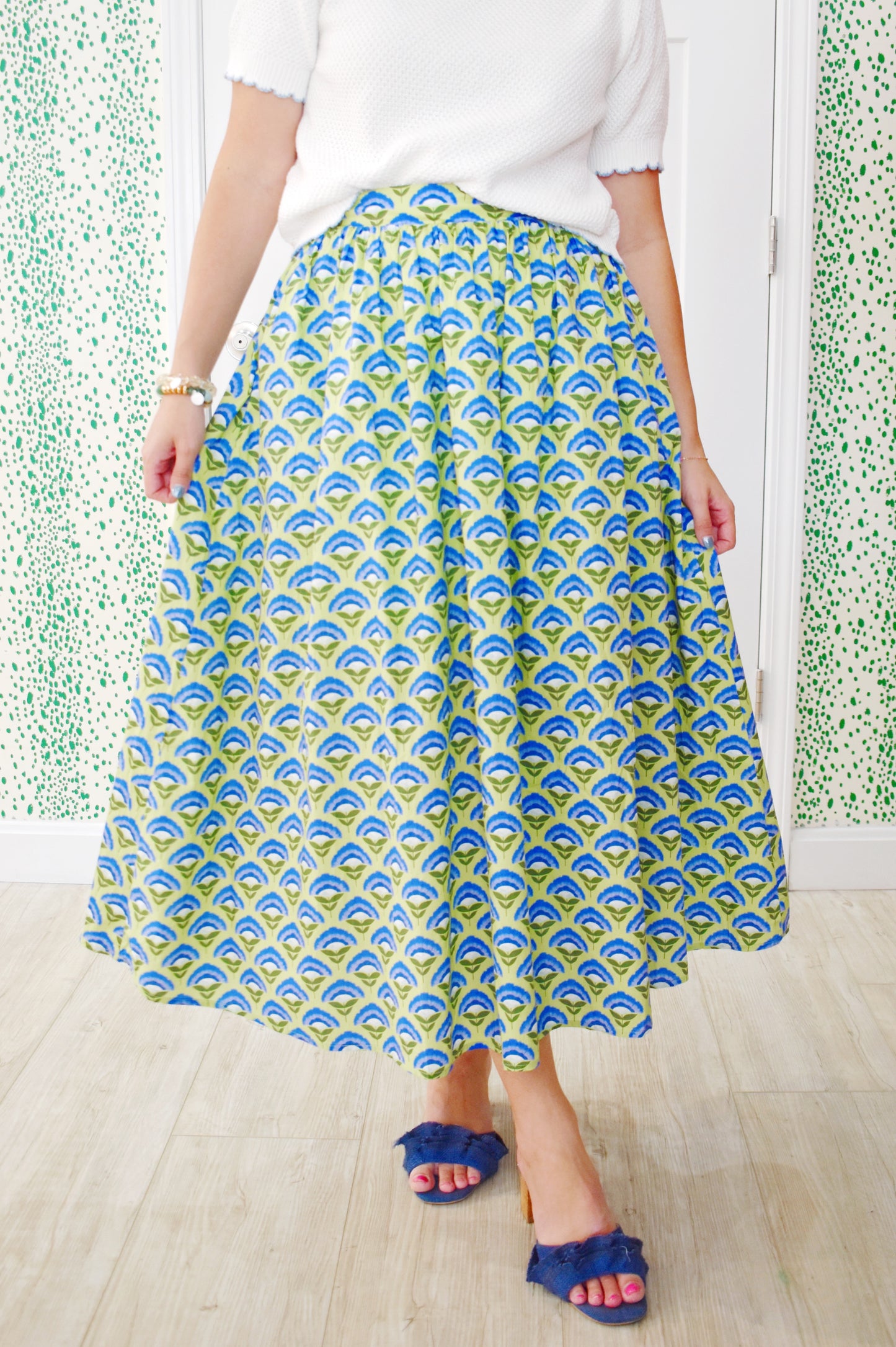 Blue Green Flower Stem Midi Skirt