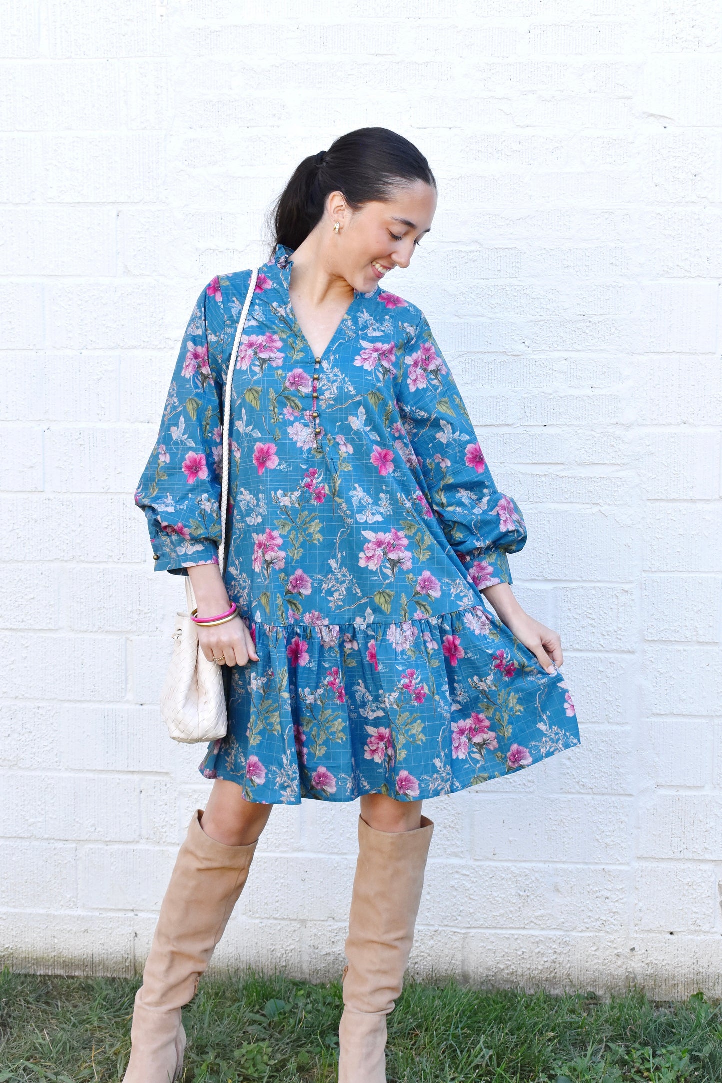 Teal Floral Drop Waist Dress